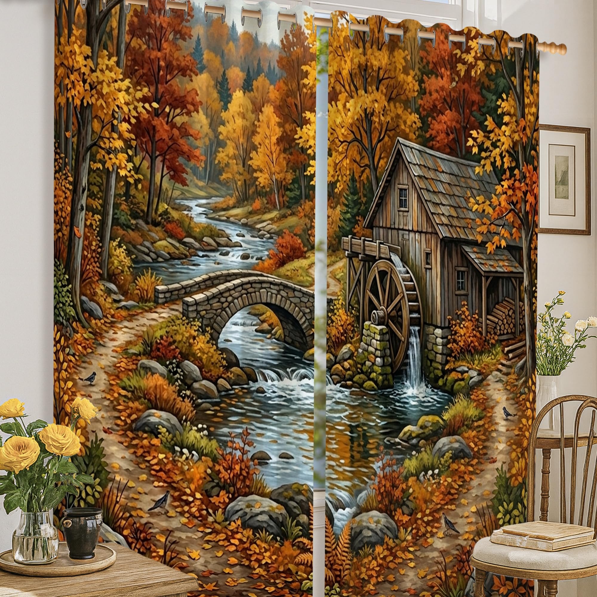Rideau occultant imprimé moulin à eau pour bureau et chambre