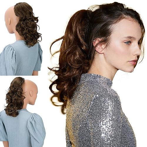 PrettyShop - Extensión de cola de caballo trenzada, ondulada y voluminosa de 12 pulgadas, color castaño, PH204