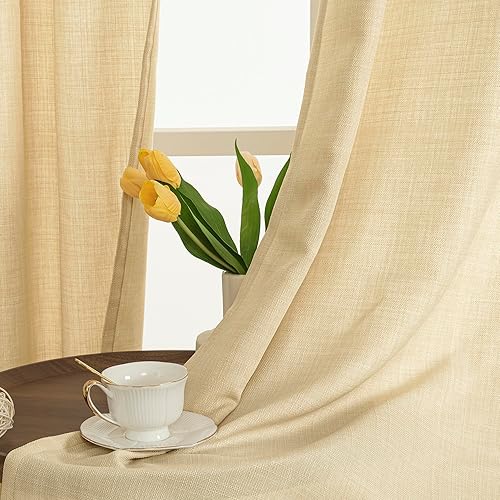 Miniatura 3 de LAMIT Cortinas de lino beige camello para sala de estar, 84 pulgadas, cortinas texturizadas de lino sintético con ojales, paneles de arpillera