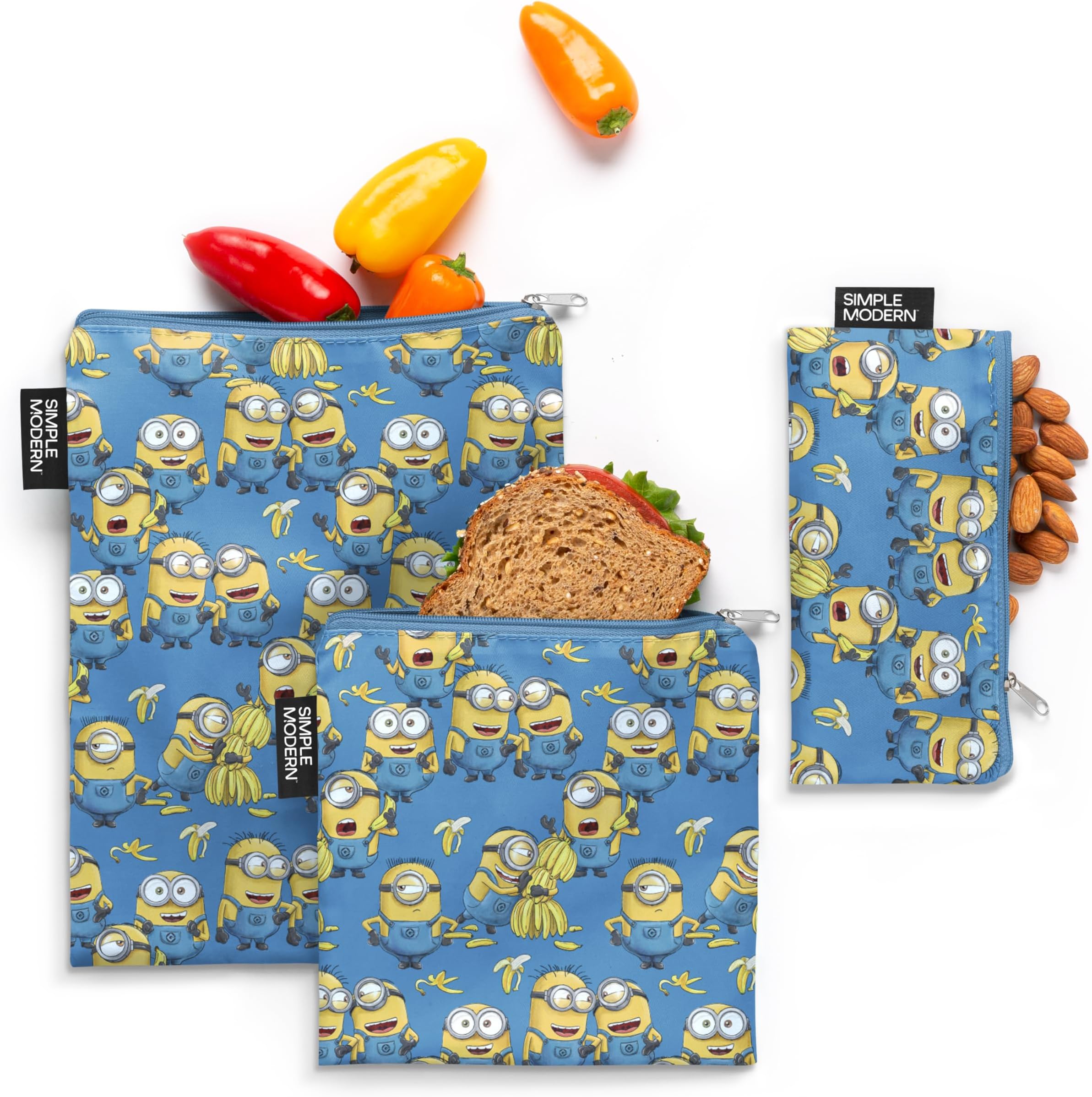 Simple Modern Minions Despicable Me Reusable Snack Bags for Kids, Girls, Boys | Food Safe, BPA & Phthalate Free Zip Polyester Pouch | Washable Sandwich Bag | Ellie Collection | 3 pack | Minions Unite