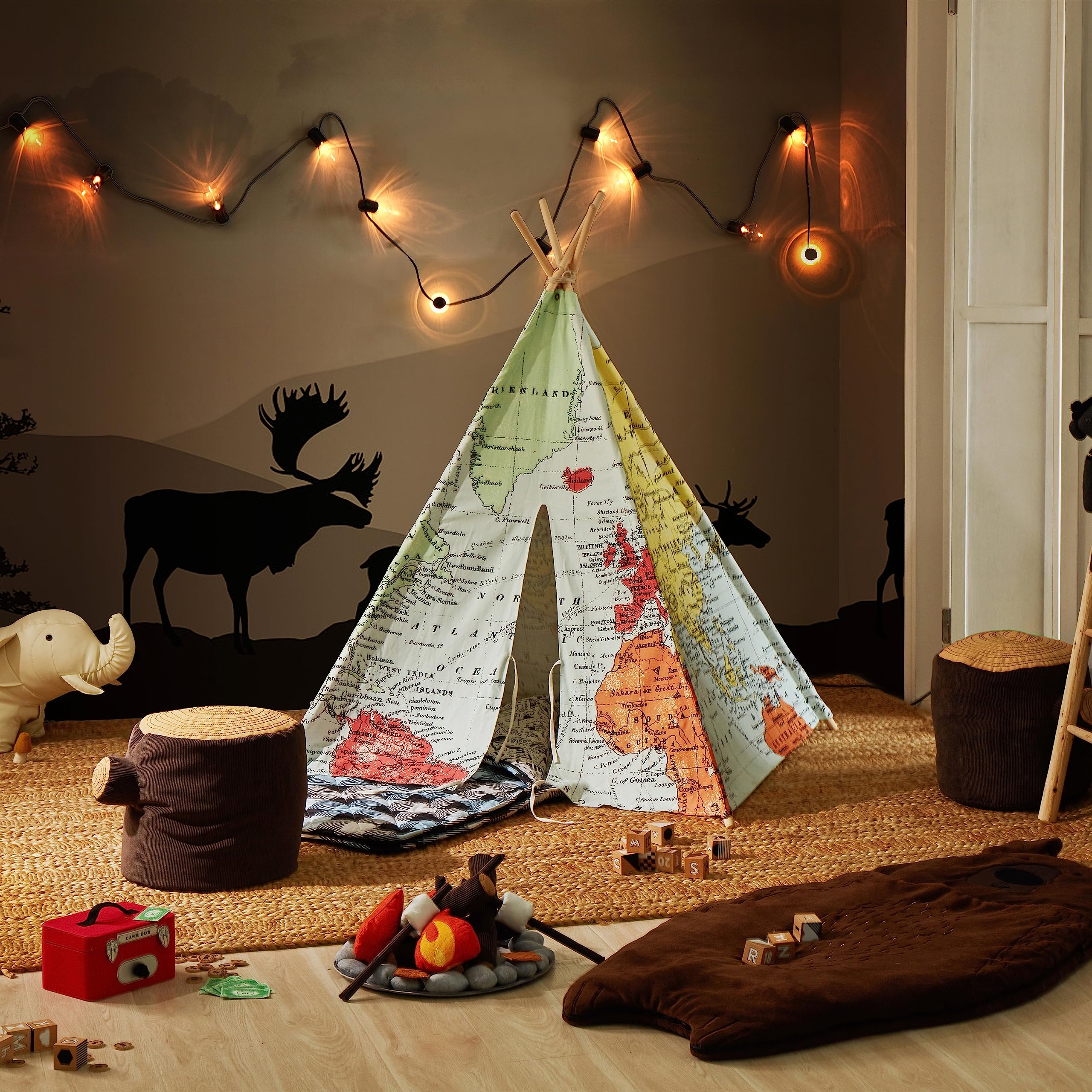 SUNNY Tipizelt für Kinder mit Weltkarte in Farbe | Indienner / Tipi / Wigwam Zelt für Kinderzimmer | Spielzelt aus Baumwolle 120x120 cm