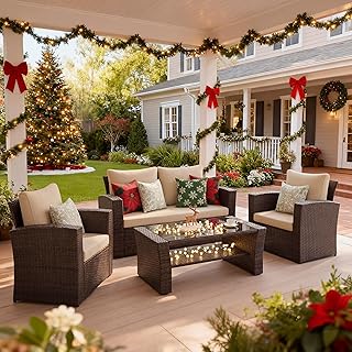 Wisteria Lane 4 Piece Patio Furniture Set, Wicker Outdoor Patio Conversa...