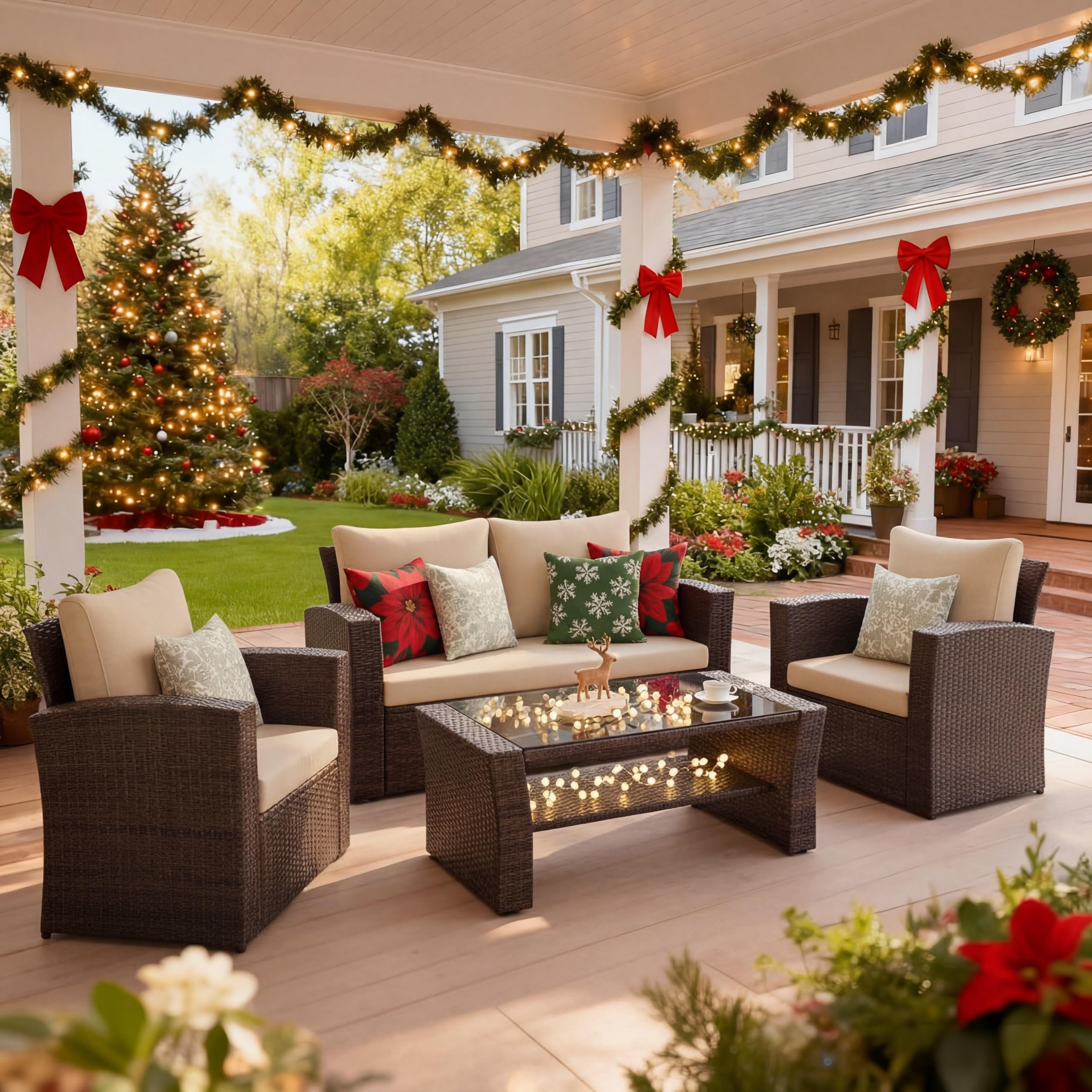 Wisteria Lane 4 Piece Patio Furniture Set, Wicker Outdoor Patio Conversation Furniture Set, All Weather Outdoor Patio Sofa with Cushion and Glass Table, Brown