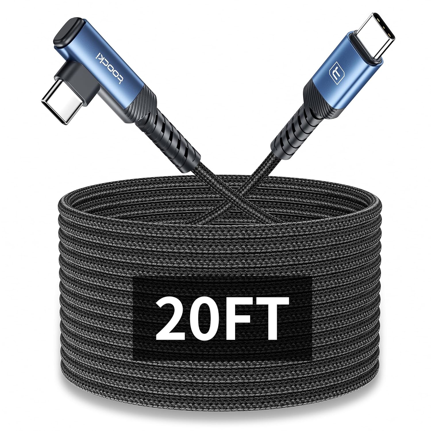 20FT Right Angle USB C Cable, 60W Extra Long Charging Cord Nylon Braided USB C Charger Cable for iPhone 17 16 15 Pro Plus Pro Max Air, iPad/MacBook, Galaxy S20, Pixel, Switch, Camera 20FT Blue 1
