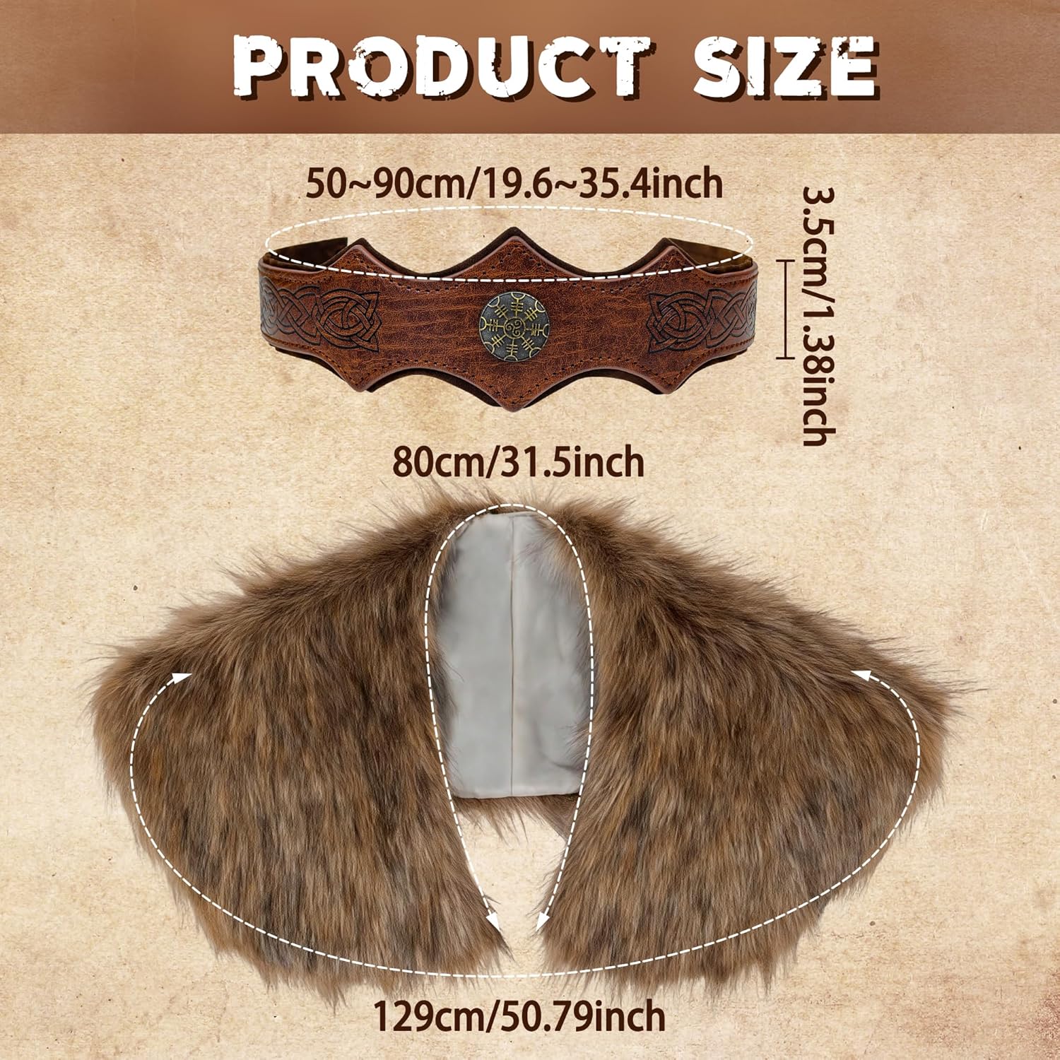 Viking Faux Fur Shawl, Renaissance Costume Accessories Men Medieval Fur Cloak Cape Shoulder Wrap Collar with Leather Headband Barbarian Costume for Halloween Cosplay - Image 3