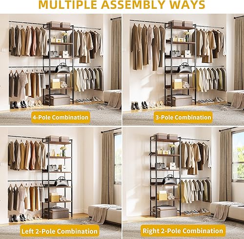 Miniatura 7 de DWVO Sistema organizador de armario para dormitorio, sistema de armario ajustable y resistente, 4 barras de suspensión expandibles, estantes de