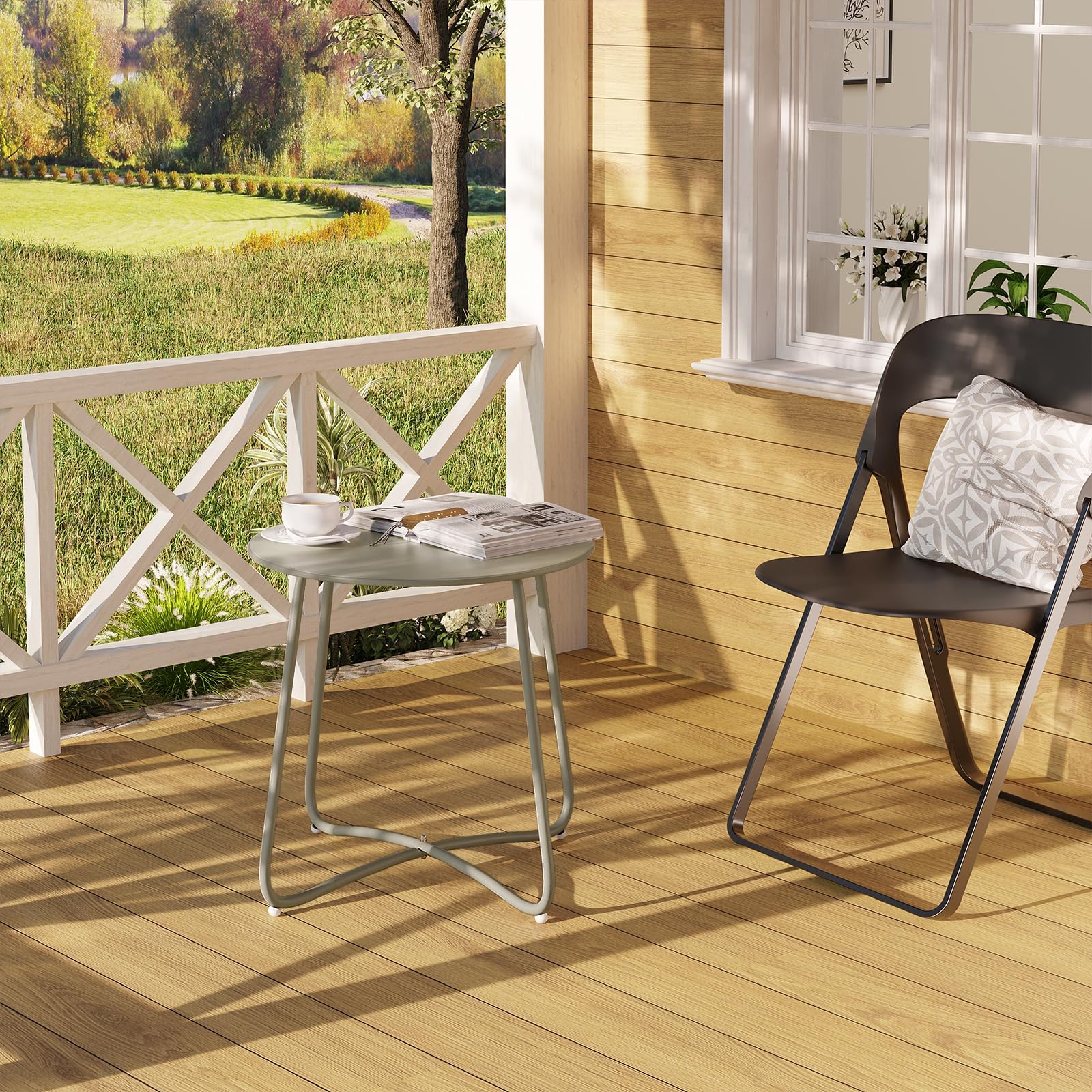 eSituro Beistelltisch rund, Balkontisch Gartentisch, Kaffeetisch Couchtisch Sofatisch Wohnzimmertisch, Kleiner Tisch für Wohnzimmer Balkon Terrasse Garten, aus Metall, φ45xH45 cm, Grau