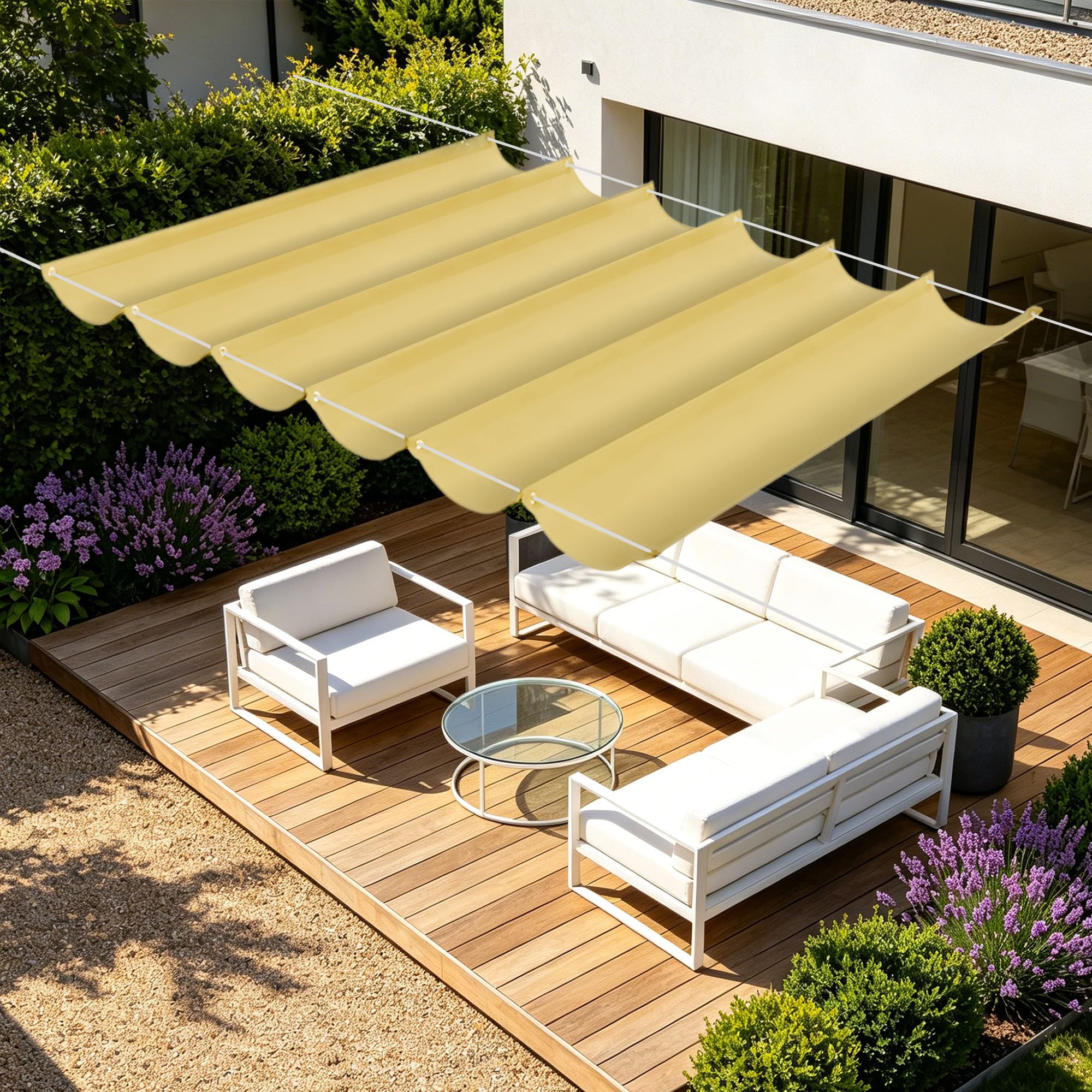 Toile ombrage rétractable vague jaune sable protection UV extérieur