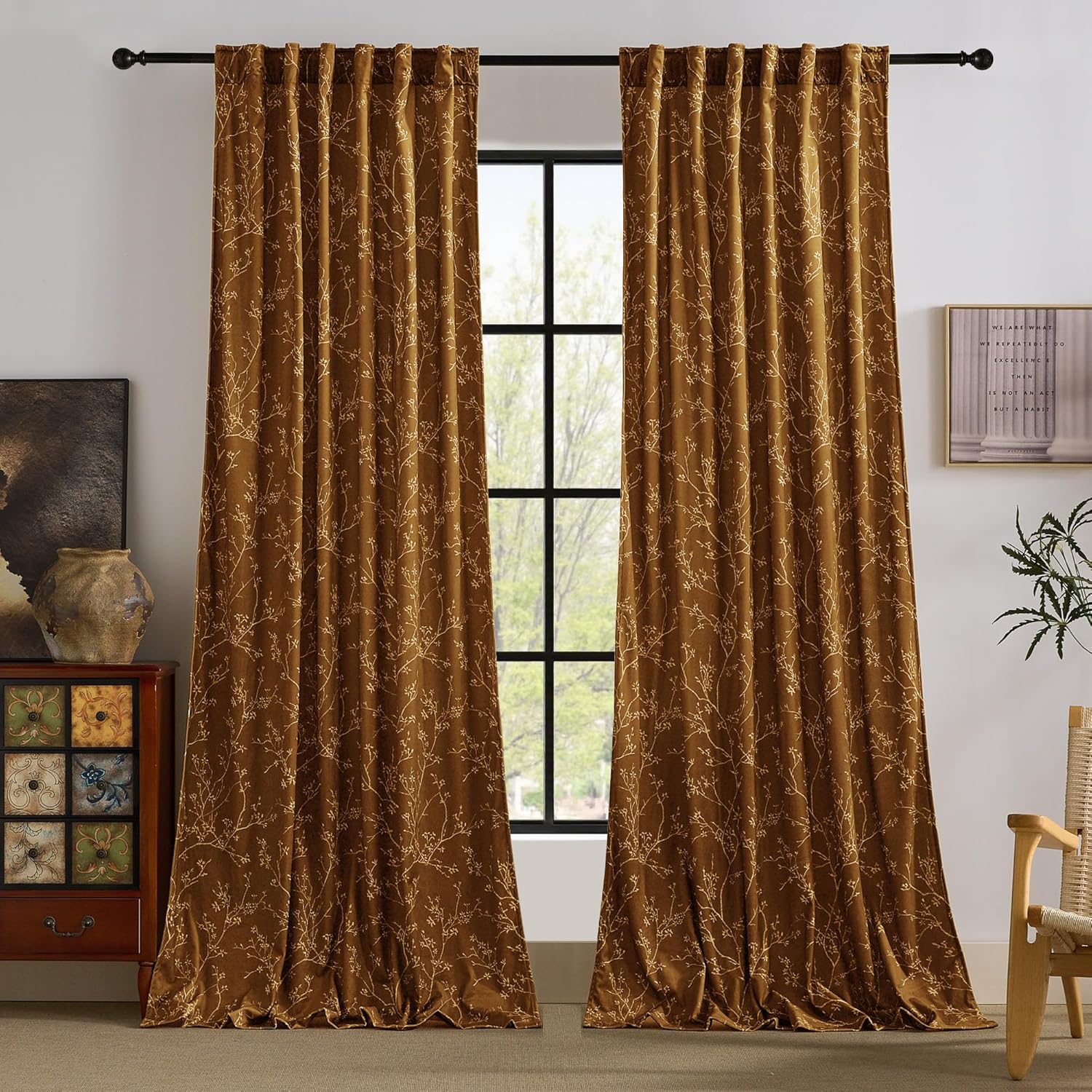 StangH Olive Green Vintage Velvet Curtains for Bedroom, Modern Mid-Century Twig & Floral Print Curtains Earthy Privacy Light Filtering Window Treatments for Living Room, W52 x L84, 2 Panels