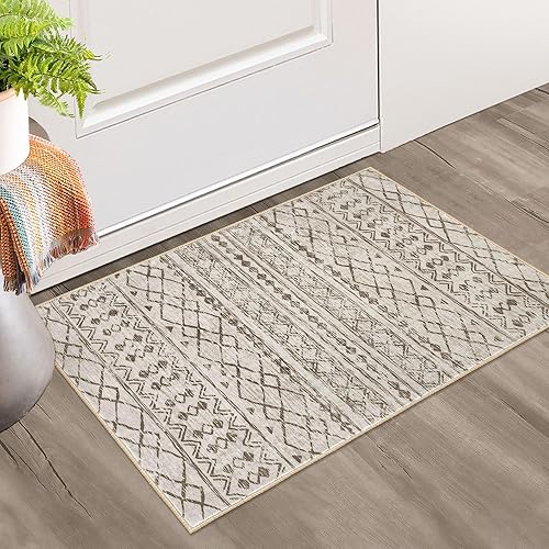 KUTA Alfombras marroquíes lavables, 2 x 3, color beige, antideslizante, lavable, pequeña, ultra suave, vintage, envejecida, geométrica, de pelo