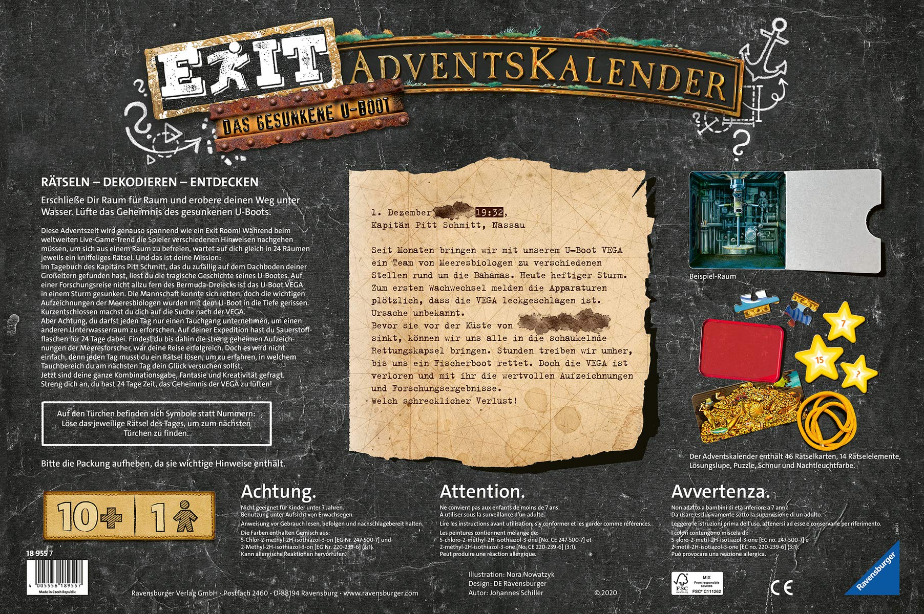 Ravensburger EXIT Adventskalender 2020 - Das gesunkene U-Boot - Ideal für Escape Room-Fans: 24 spannende Rätsel für Kinder ab 10 Jahren, Jugendliche und Erwachsene, 18955