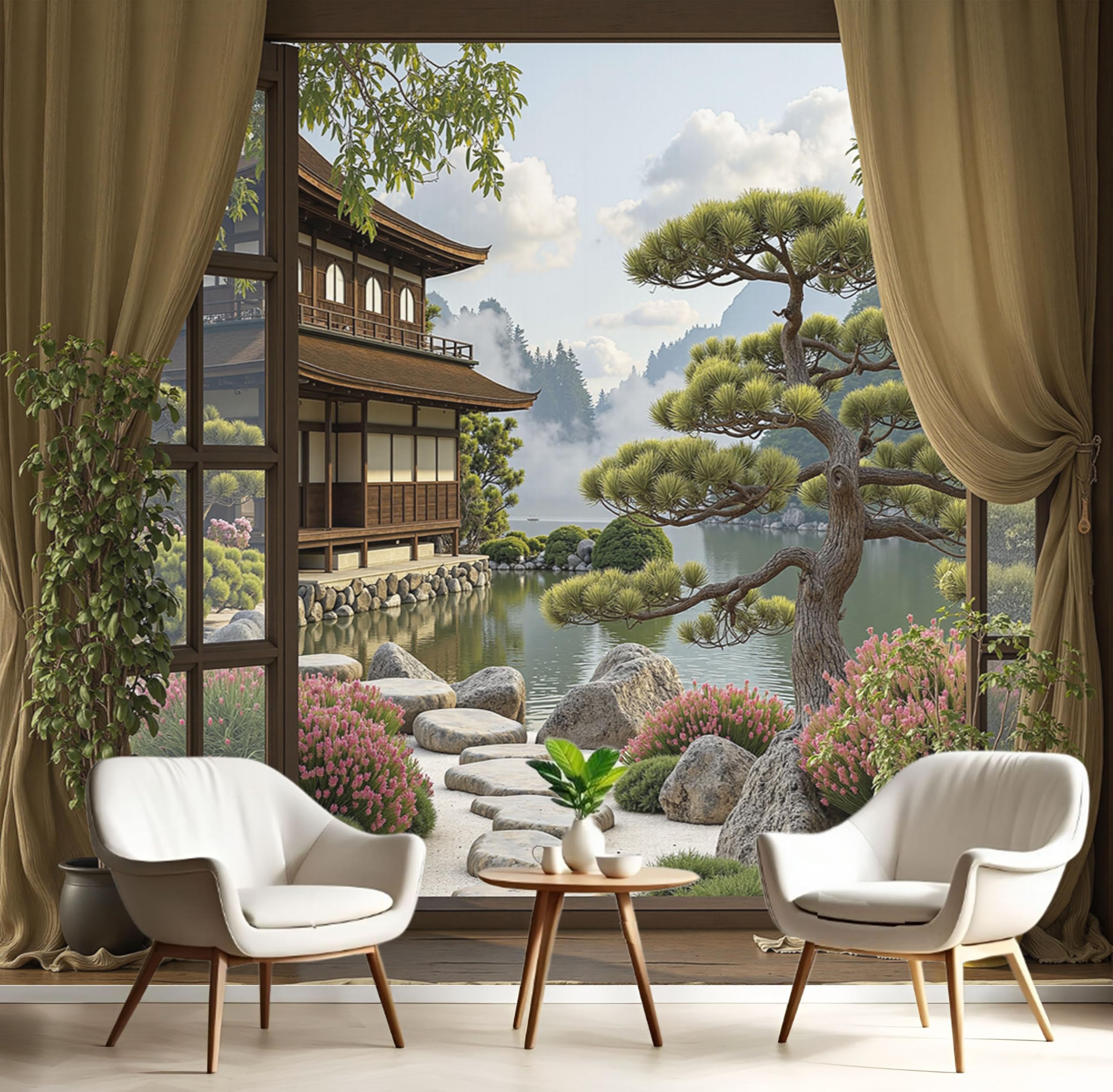 Papier peint panoramique jardin japonais pour agrandir le salon et fond TV