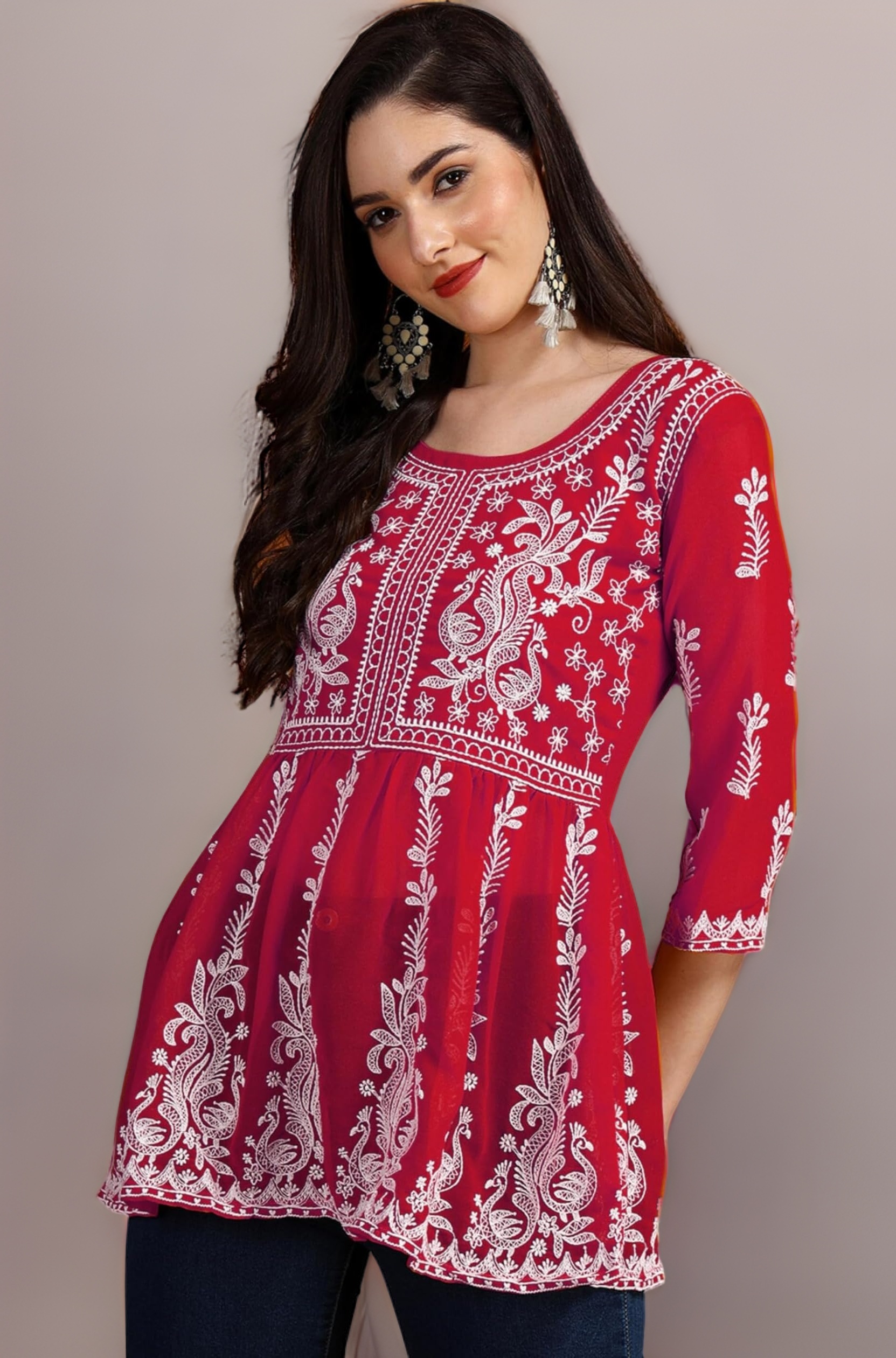 EthnicJunction Georgette Women Chikan Embroidery Short A-Line Kurti | Summer Kurti | Short Kurti for Women | Top for Office | Women's Tunics Tops | Kurta Shirt Top | Regular Fit Top