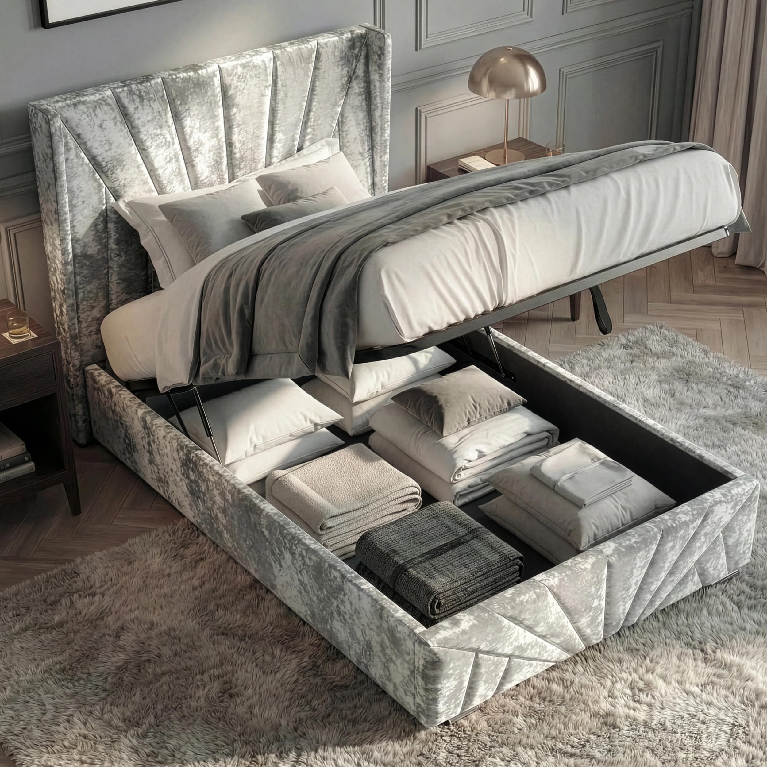 Blisswood Single Bed Frame, Velvet Upholstered Ottoman Bed Frame with Headboard, UKFR Wooden Ottoman Storage Bed with Gas Lift End Opening, 3ft Small Bedroom Furniture (Crushed Velvet,100 x 205 cm)