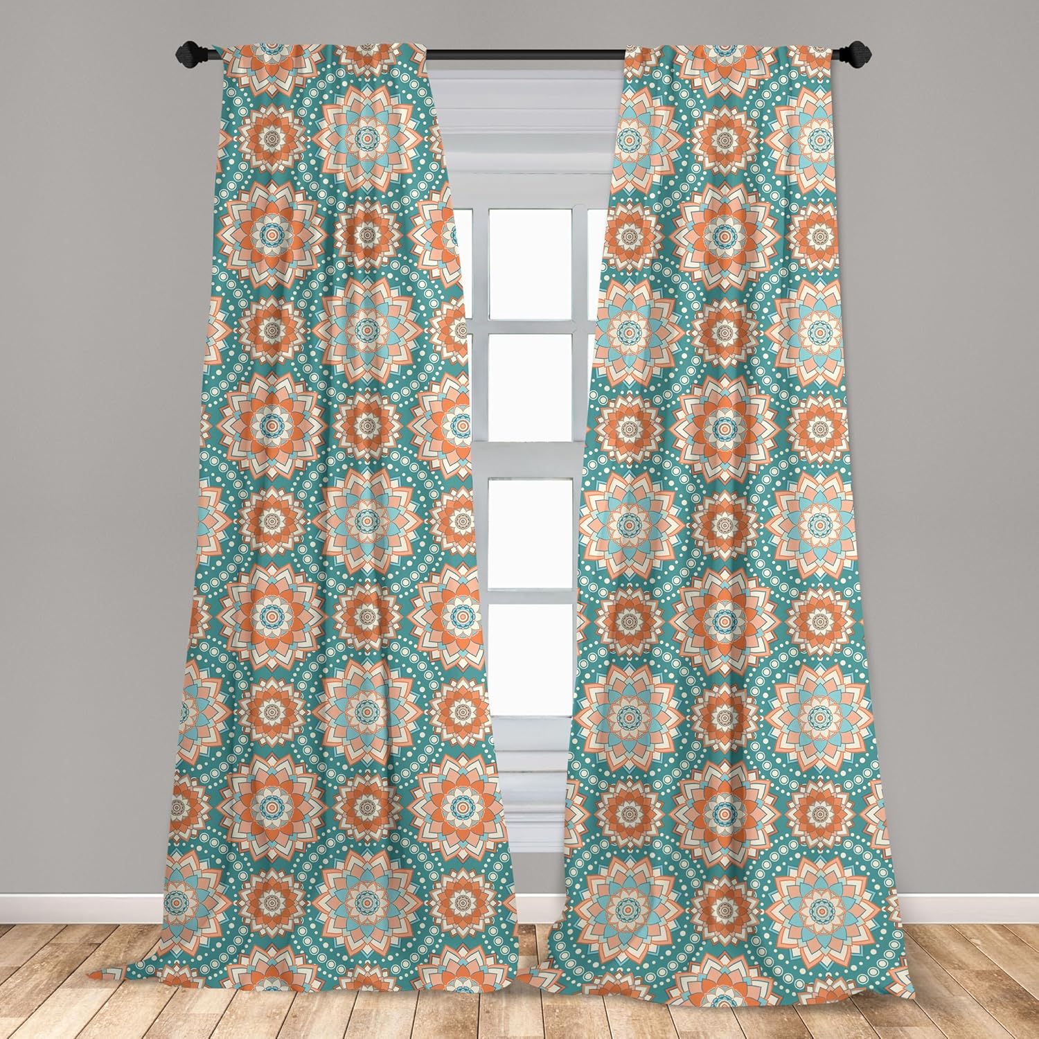 Ambesonne Lotus Window Curtains, Mandala Motifs of The Oriental Cultures with Bohemian Inspired Flower, Lightweight Decor 2-Panel Set with Rod Pocket, Pair of - 28" x 63", Blue Beige