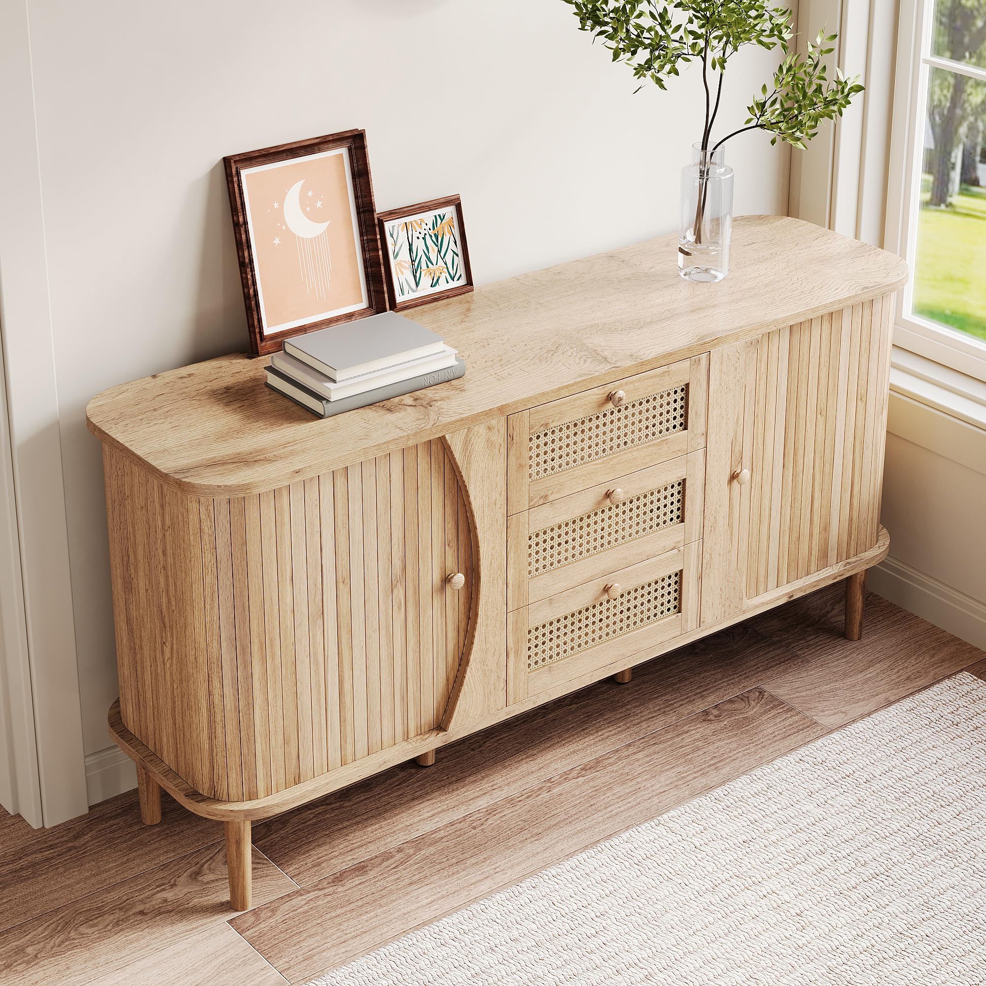 Credenza con 3 cassetti in rattan e ante scorrevoli, ripiani regolabili in altezza e angoli arrotondati, cassettiera per soggiorno, camera da letto e corridoio, grande spazio di archiviazione