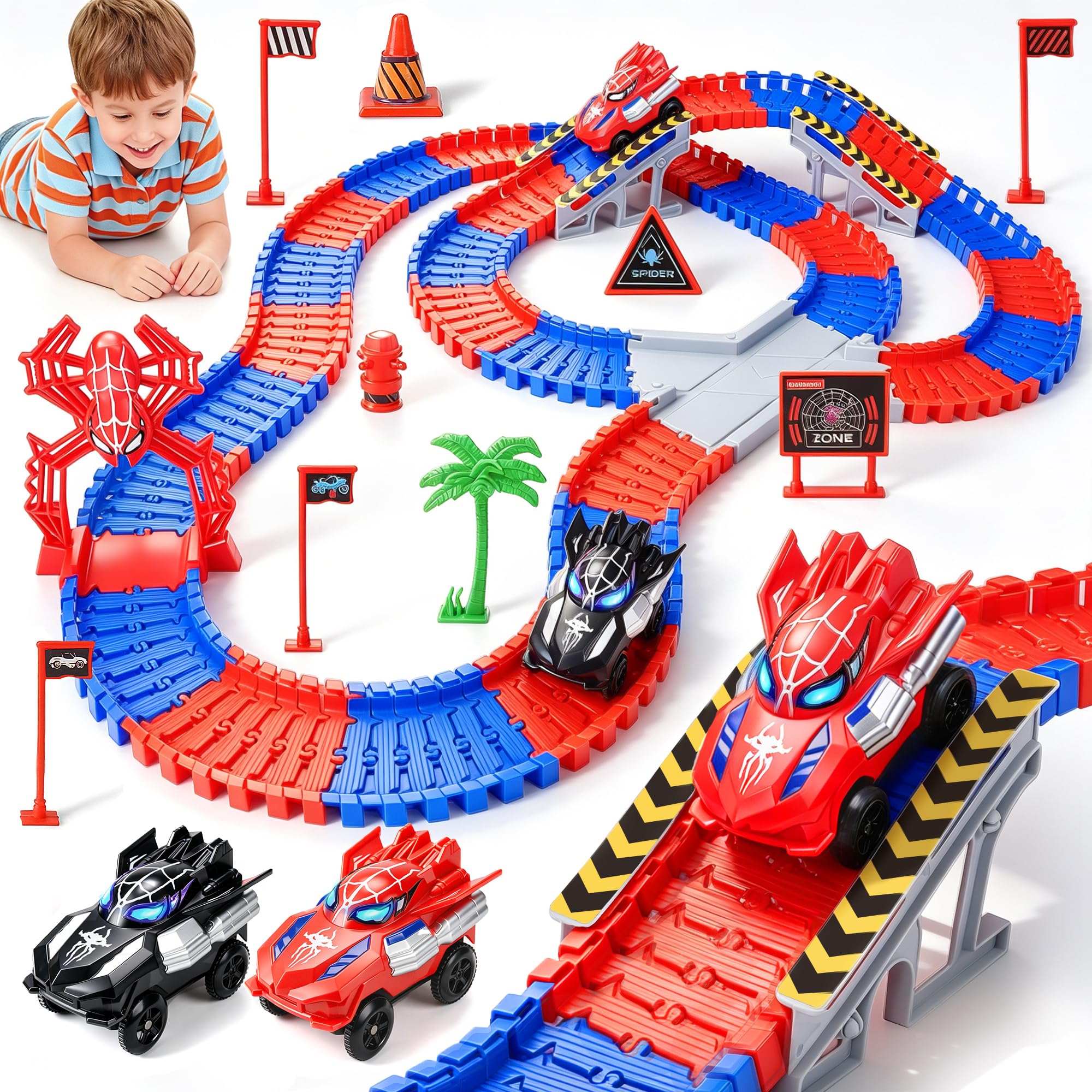 Race Car Track Set, Kids Toys for 3+ Year Old Boys Girls Kids, Construction Car Track with Electric Cars, Toddler Toys for Age 3-9 Boys Girls Birthday (212PCS)