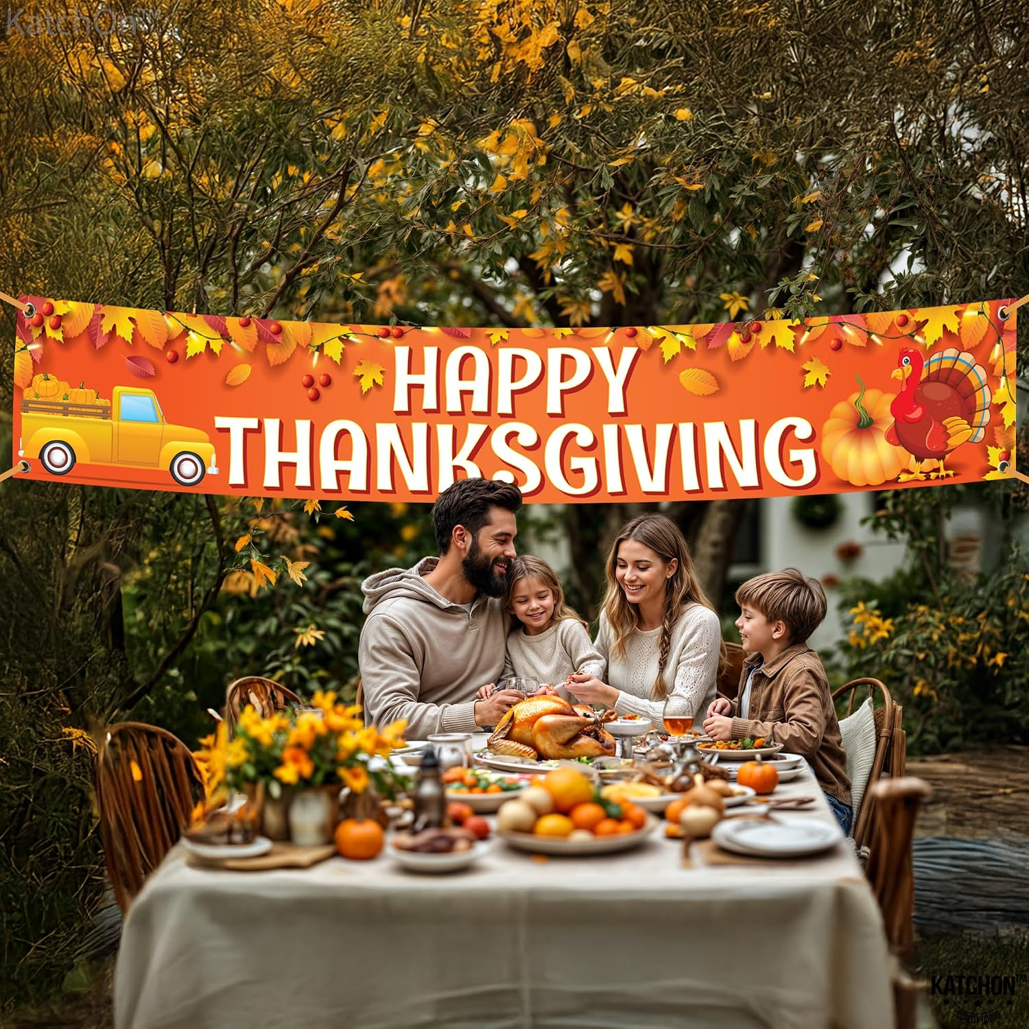 KatchOn, Happy Thanksgiving Banner Outdoor - Xtralarge, 120x20 Inch | Thanksgiving Decorations Outdoor for Turkey Decorations, Harvest Decoration, Yard Decor | Maple Leaf Turkey Pumpkin Decorations