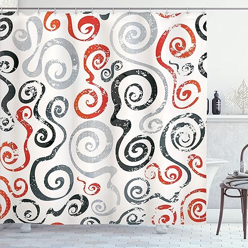 Miniatura 101 de Ambesonne Cortina de ducha hawaiana, diseño de hibisco hawaiano tropical, silueta de niña, tabla de surf, impresión de arte retro, juego de Fucsia