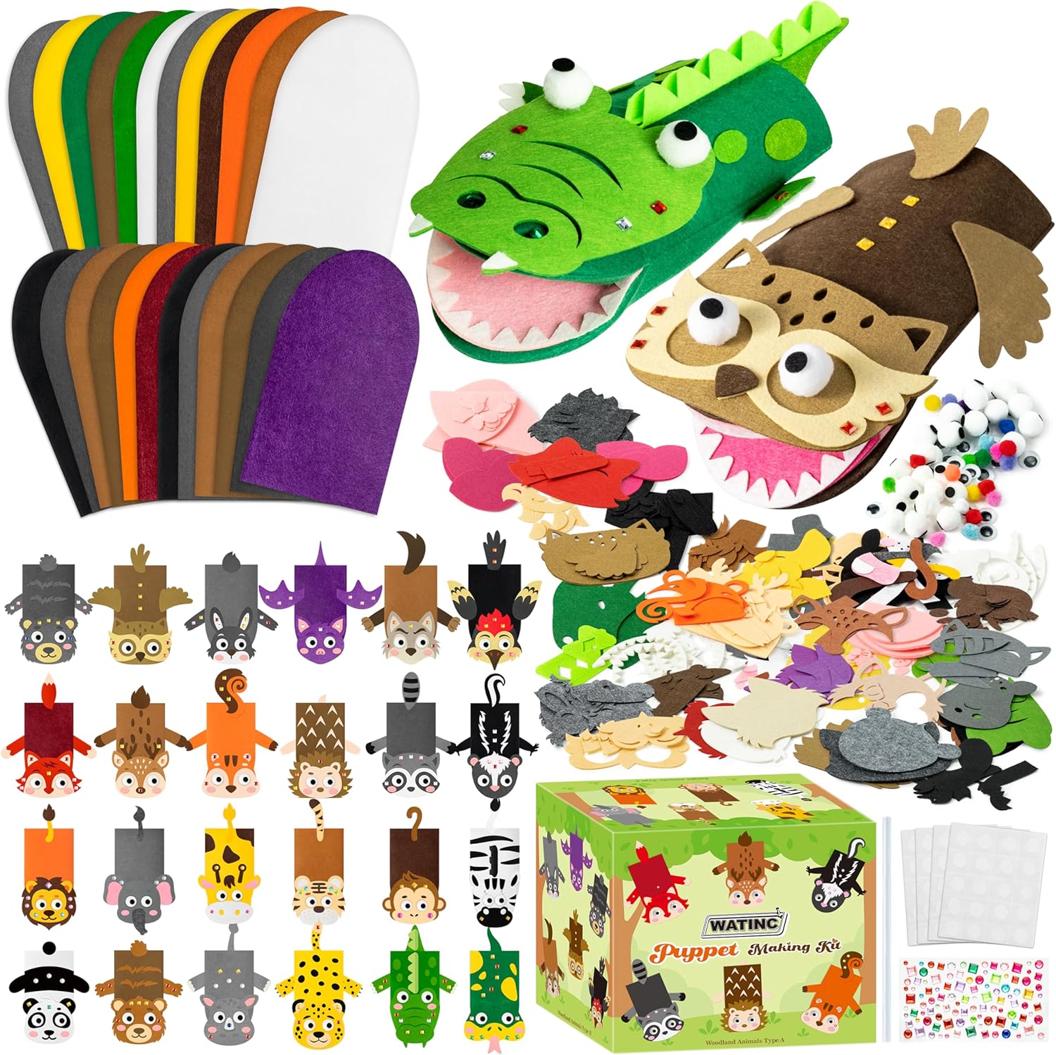 WATINC 24Pcs Hand Puppet Making Kit for Kids Large Medium Art Craft Felt Sock Puppet Creative DIY Make Your Own Puppets Pipe Cleaners Pompoms Storytelling Role Play Party Supplies Gift for Girls Boys
