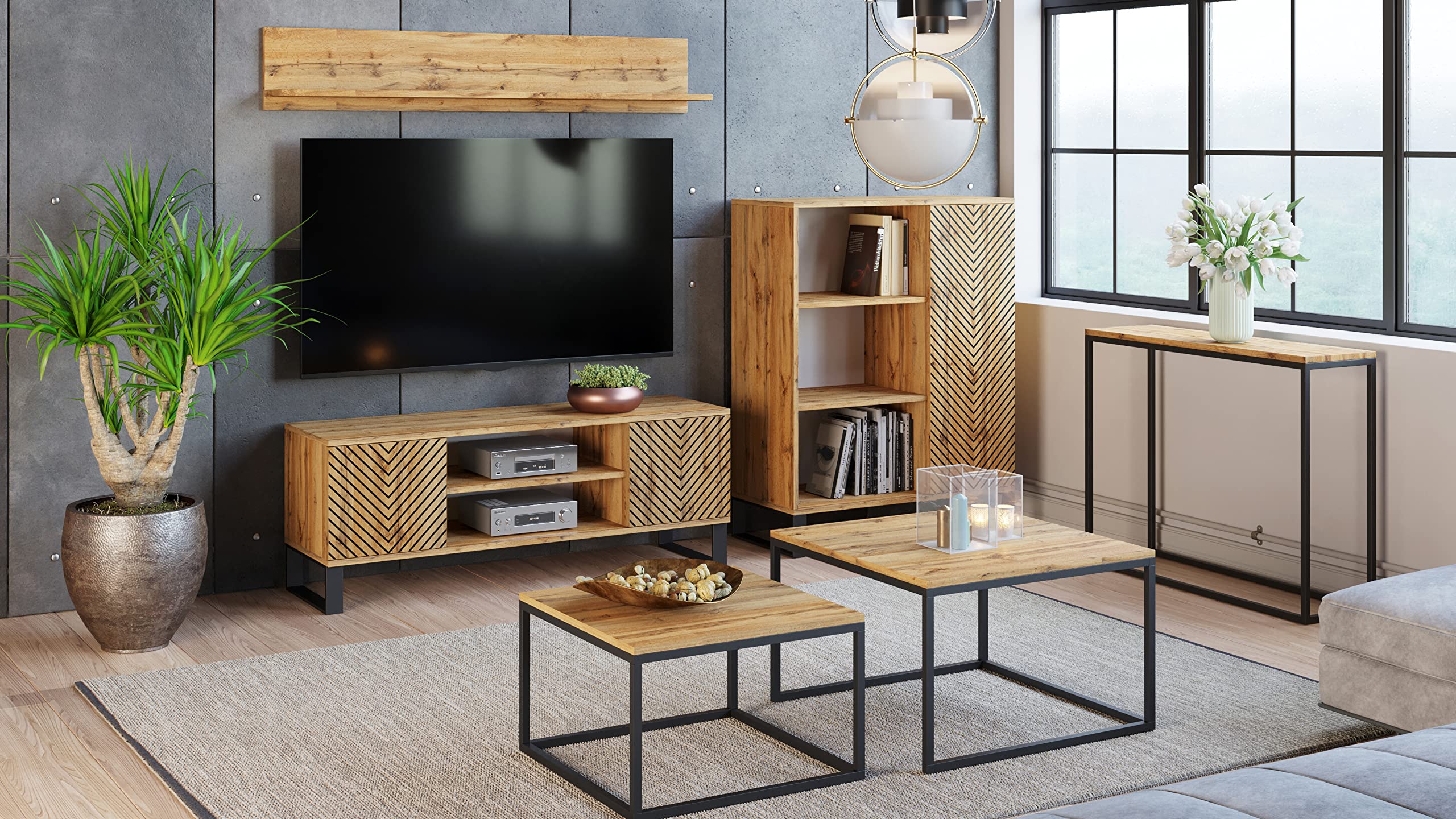 Kobi Meuble TV Focus chêne doré, 135x49x40, décor Chevron Noir, Meuble TV, loft, Pieds métal Noir