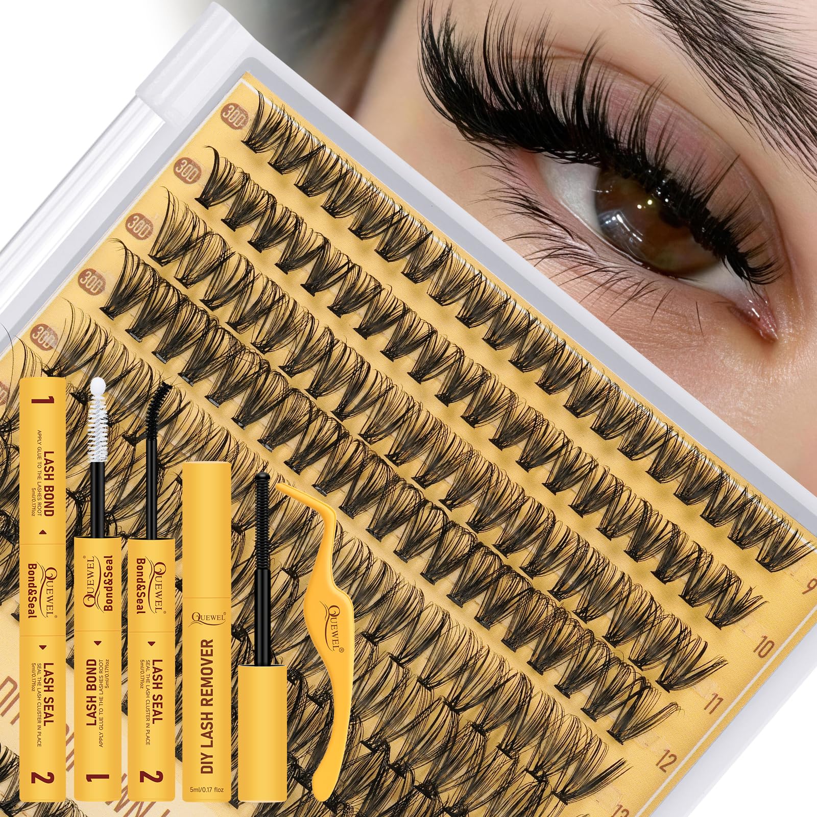 QUEWEL Lash Clusters Kit, 320 Pcs 30D+40D Lash Cluster Eyelash Extensions 9-16mm Lash Clusters Wispy Kit with Eyelash Clusters Bond and Seal Glue Remover Tweezers (30D+40D Kit)