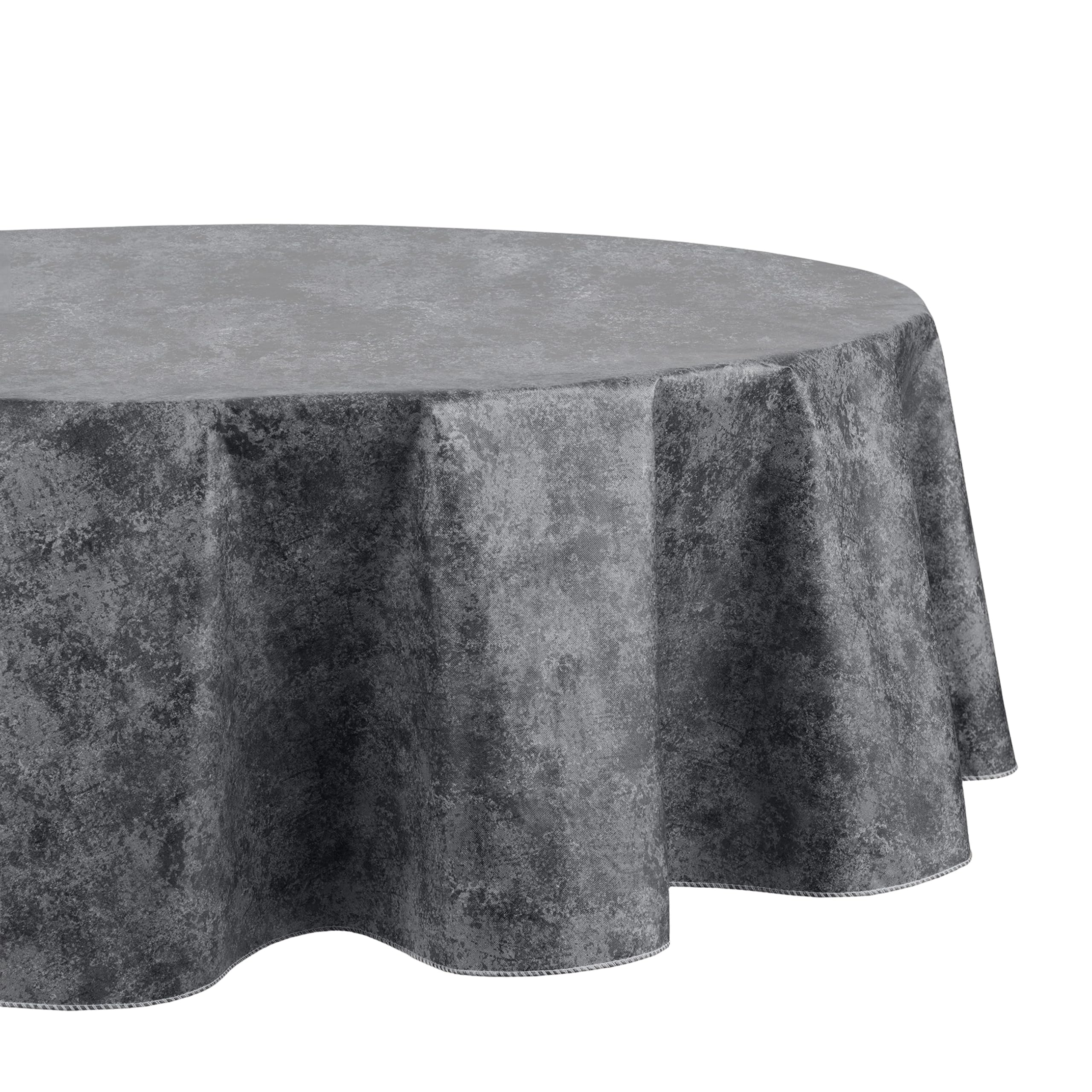 Elrene Home Fashions Mesa Marble Water- and Stain-Resistant Vinyl Tablecloth with Flannel Backing, 70 Inches X 70 Inches, Round, Black