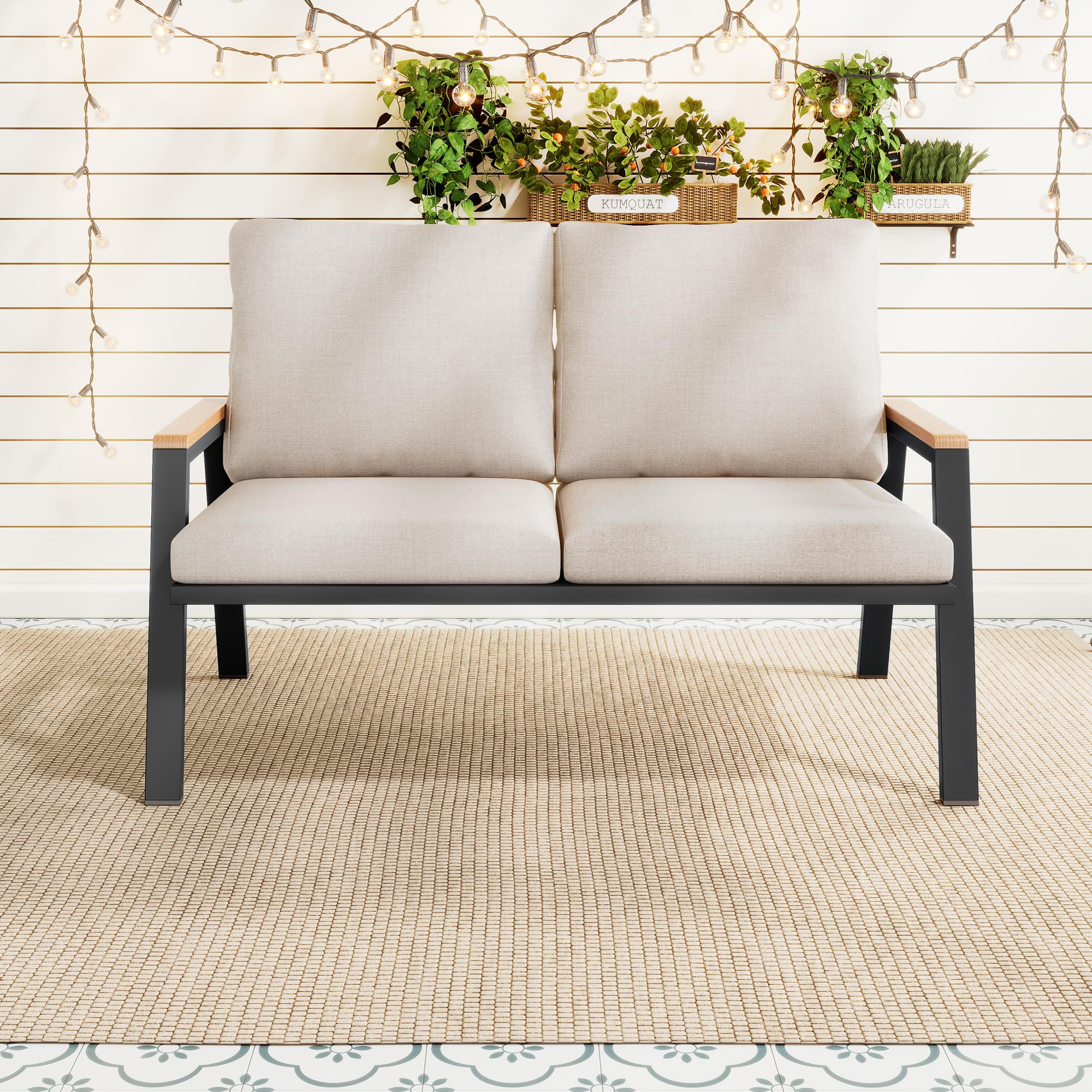 Lounge Möbel Outdoor, 2-Sitzer Garden Sofa mit verzinkter Stahl, Industriestil Balkonlounge Sofa mit Handläufe aus Holz-Kunststoff-Verbundwerkstoff, Grau+Beige