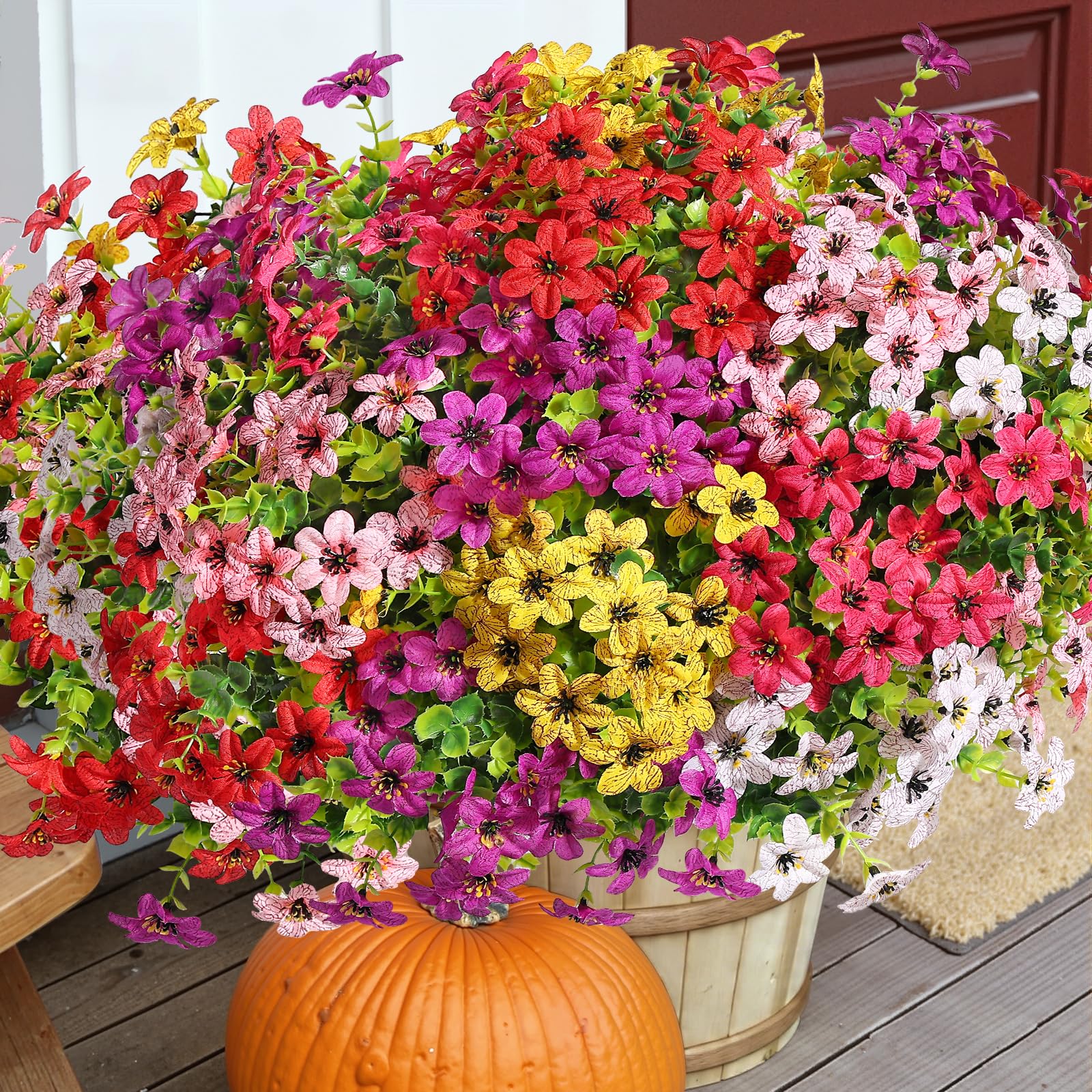 SHareconn 24 Bundles Artificial Flowers for Outdoors Spring Decoration, Fake Silk Realistic Faux Plants UV Resistant for Outside Planter Porch Patio Summer Indoor Decor, RedRosePurpleYellowPinkWhite