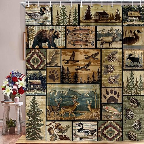 Miniatura 2 de Cortina de ducha rústica de oso retro, juego de cortinas de ducha estilo cabaña, estilo retro, alce, granja, granja, pinos, pez, colina de montaña,