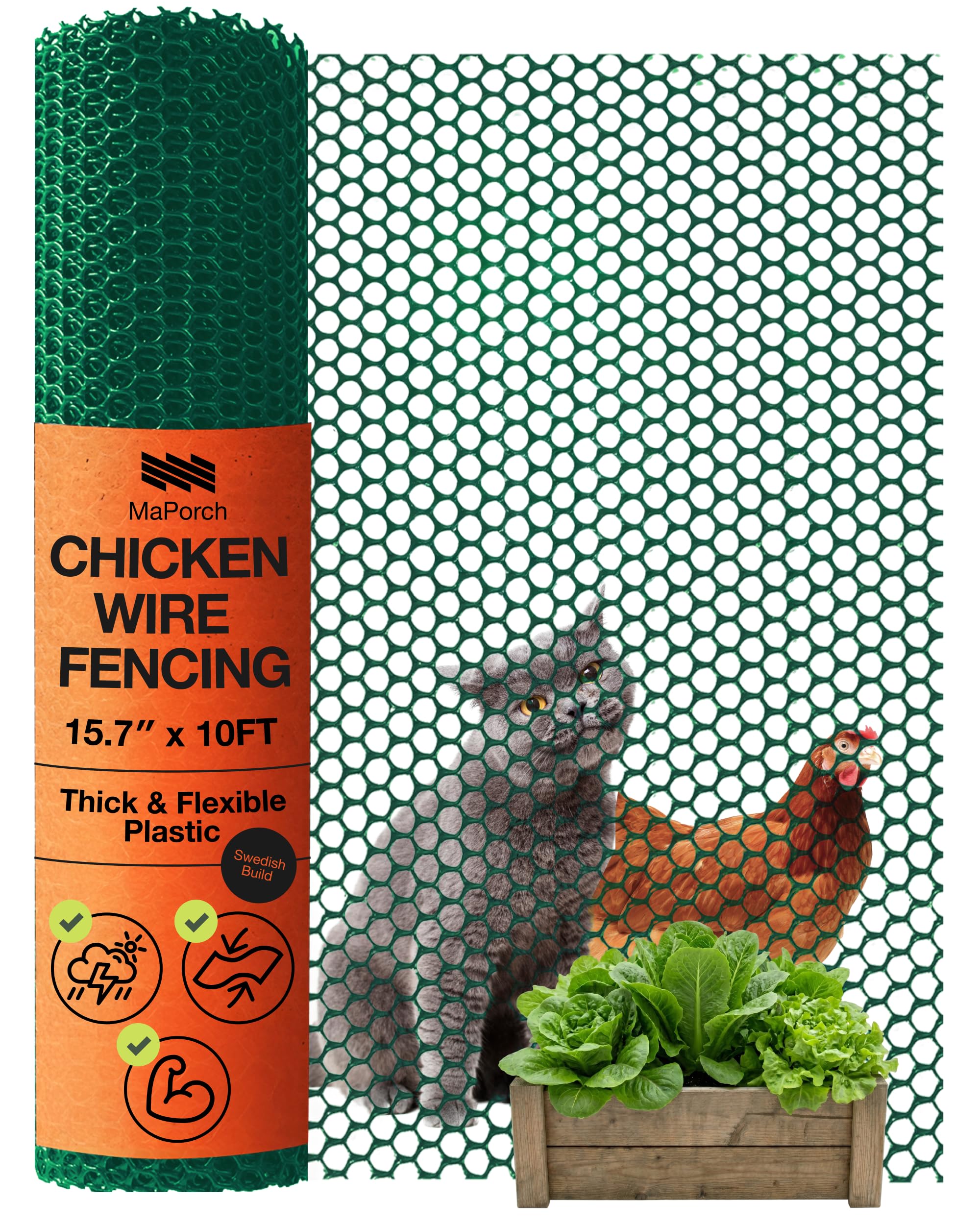 maporch plastic chicken wire mesh fence - green mesh, 15.7 in x 10 ft - quick-install chicken wire fencing - plant protectors from animals - weather-resistant garden netting - pet & poultry netting