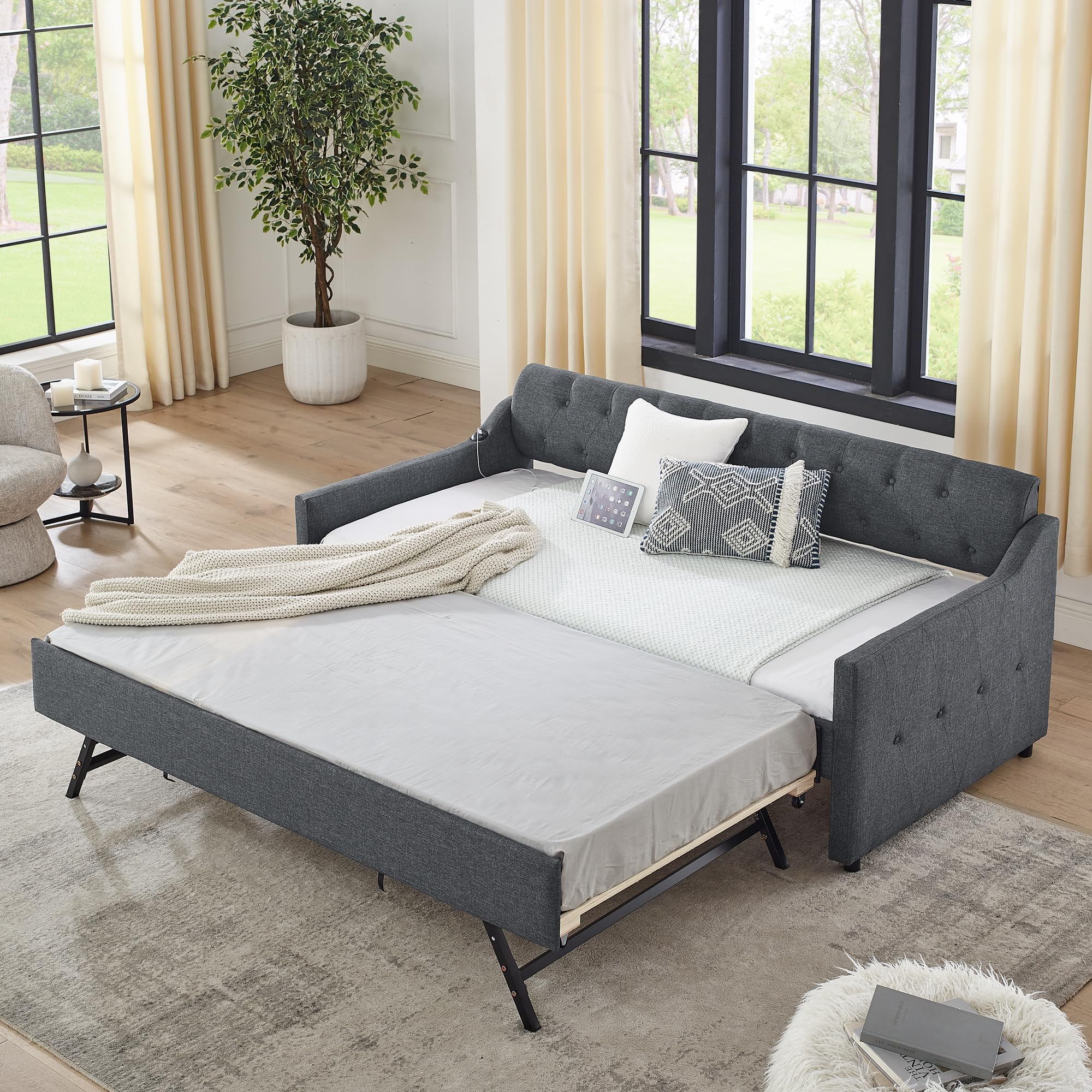 Rophefx Twin to King Size Day Bed, Twin Daybed with Pop Up Trundle & USB & Type C Port, Upholstered Sofa Bed Frame, No Box Spring Needed, with Button Tufting Linen Trim, Wood Slats, Linen, Dark Grey