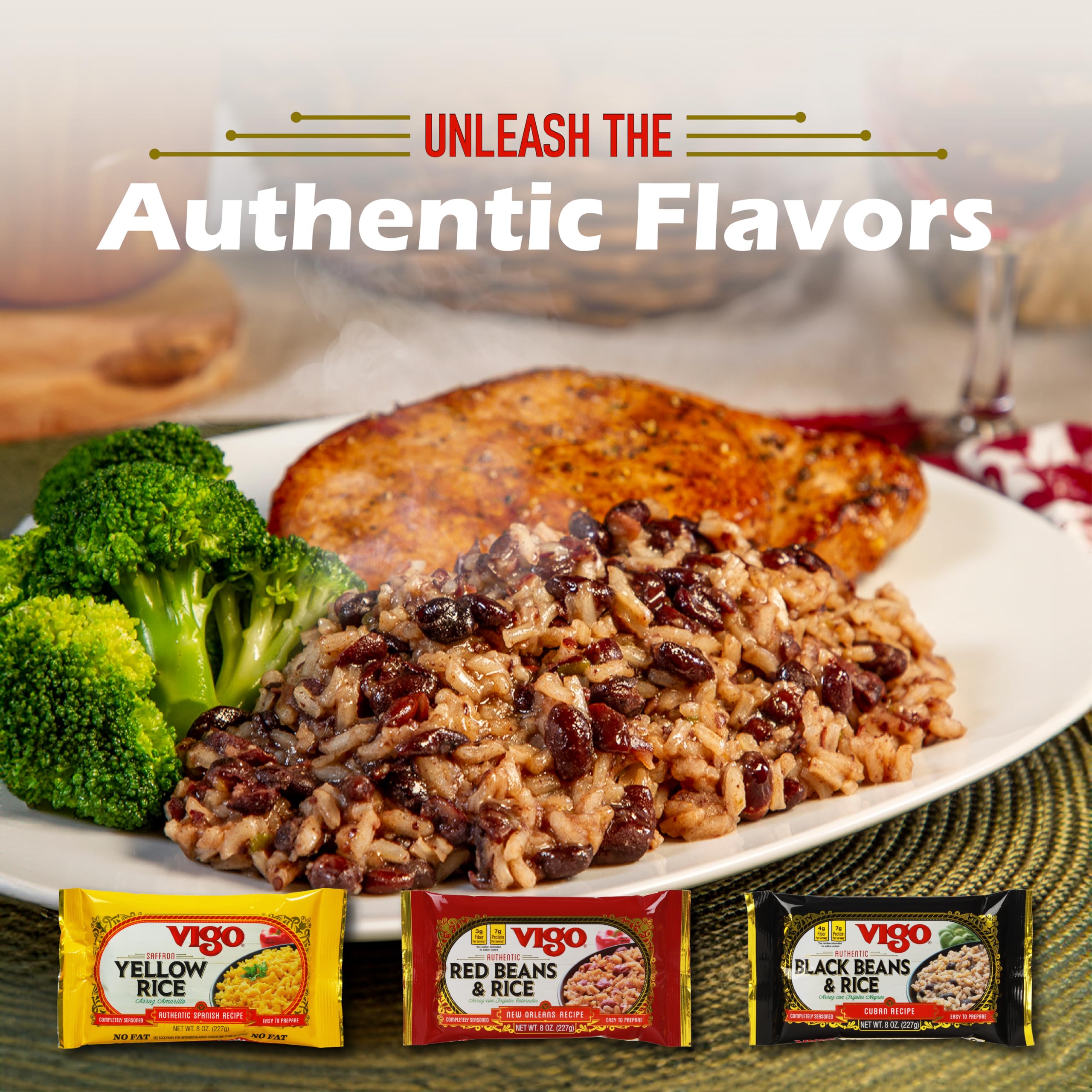 Vigo Authentic Rice Variety Pack, Low Fat, 8oz Pack of 3 (Saffron Yellow Rice, Red Beans & Rice, and Black Beans & Rice)