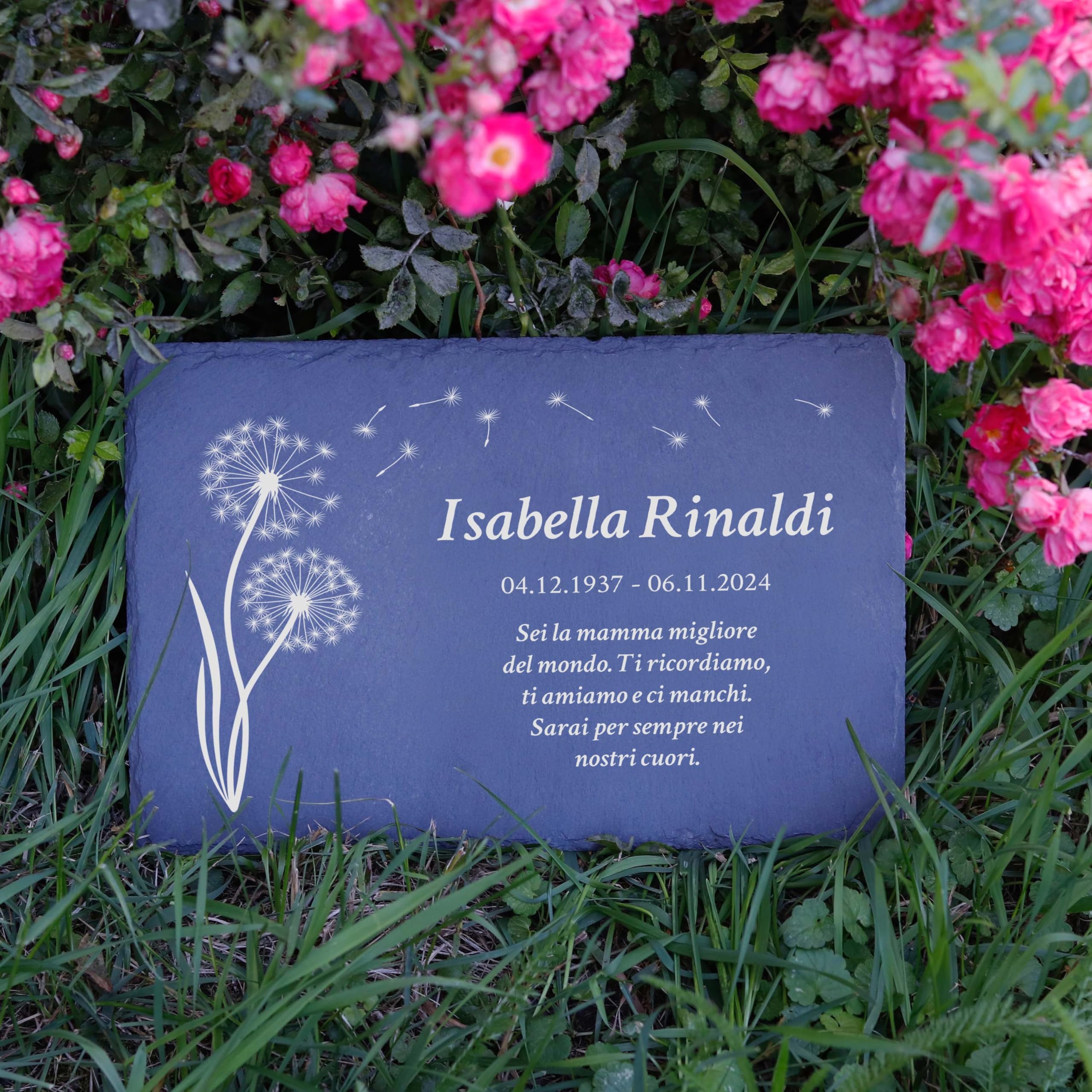 LAUBLUST Lapide personalizzata come decorazione funeraria con testo desiderato | Lastra in ardesia incisa come targhetta funebre - Motivo soffione, 3 dimensioni | Belle lapidi con nome