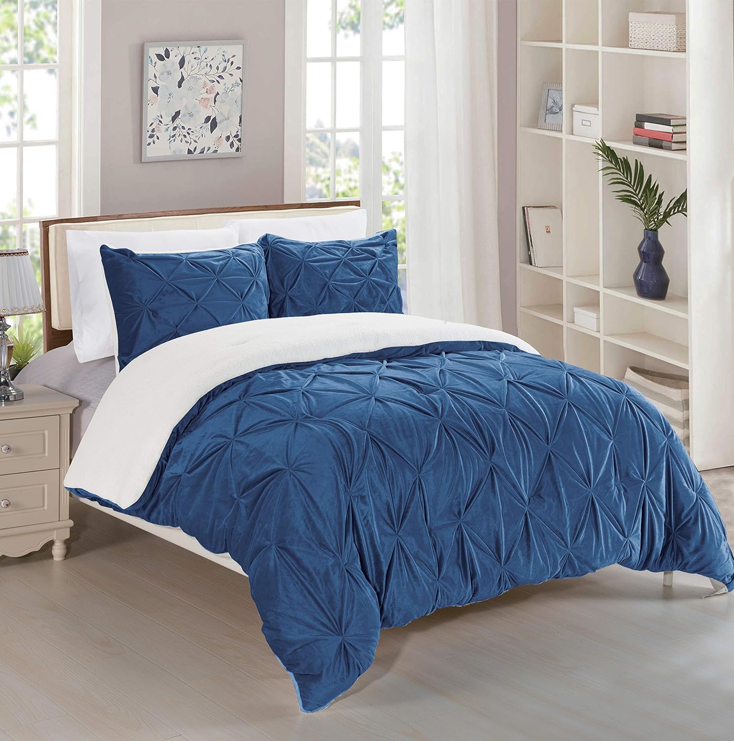 Elegant Comfort Softest, Coziest Micromink Pintuck & Pinch Pleated Sherpa Comforter Set, Premium Down Alternative Micro-Suede 3-Piece Reversible Comforter Set, Full/Queen, Navy Blue Elegant Comfort Softest, Coziest Micromink Pintuck & Pinch Pleated Sherpa Comforter Set, Premium Down Alternative Micro-Suede 3-Piece Reversible Comforter Set, Full/Queen, Navy Blue