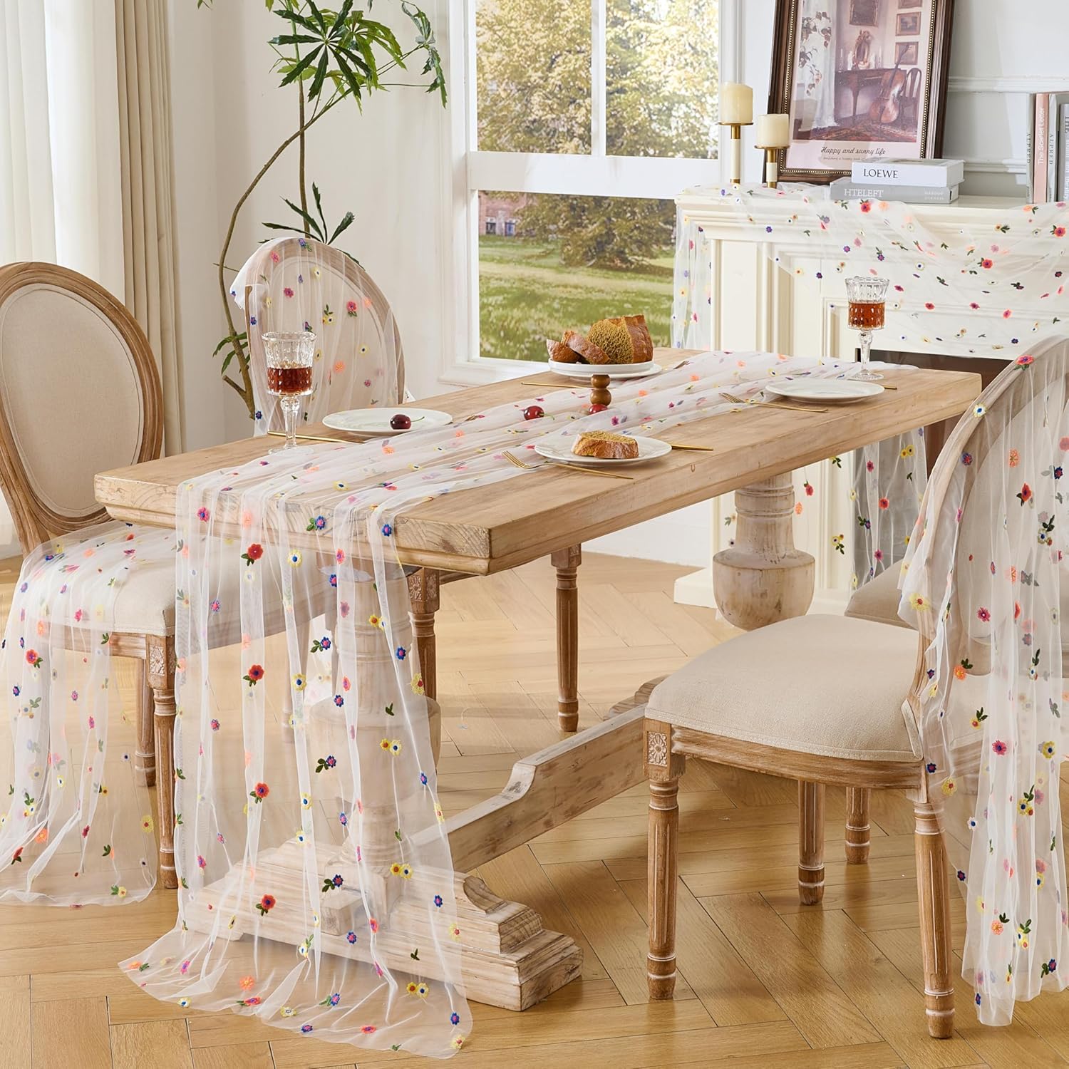 6PCS Lvory Floral Table Runner 10 FT, Embroidery Daisy Table Runners Seasonal Spring Summer Sheer Tulle Dining Table Decor for Home Party Birthday Decor 29x120 Inch