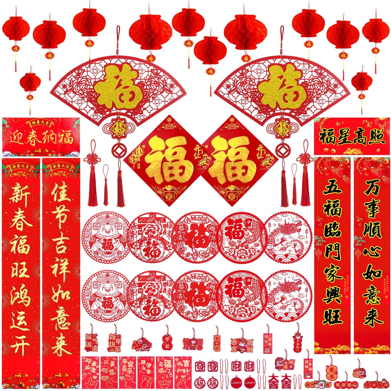68PCS Chinese New Year Decorations 2026 - Year of the Horse Lunar New Year Decor Set with Spring Festival Couplets Red Envelopes Lanterns Fu Window Stickers & Lucky Hanging Ornaments