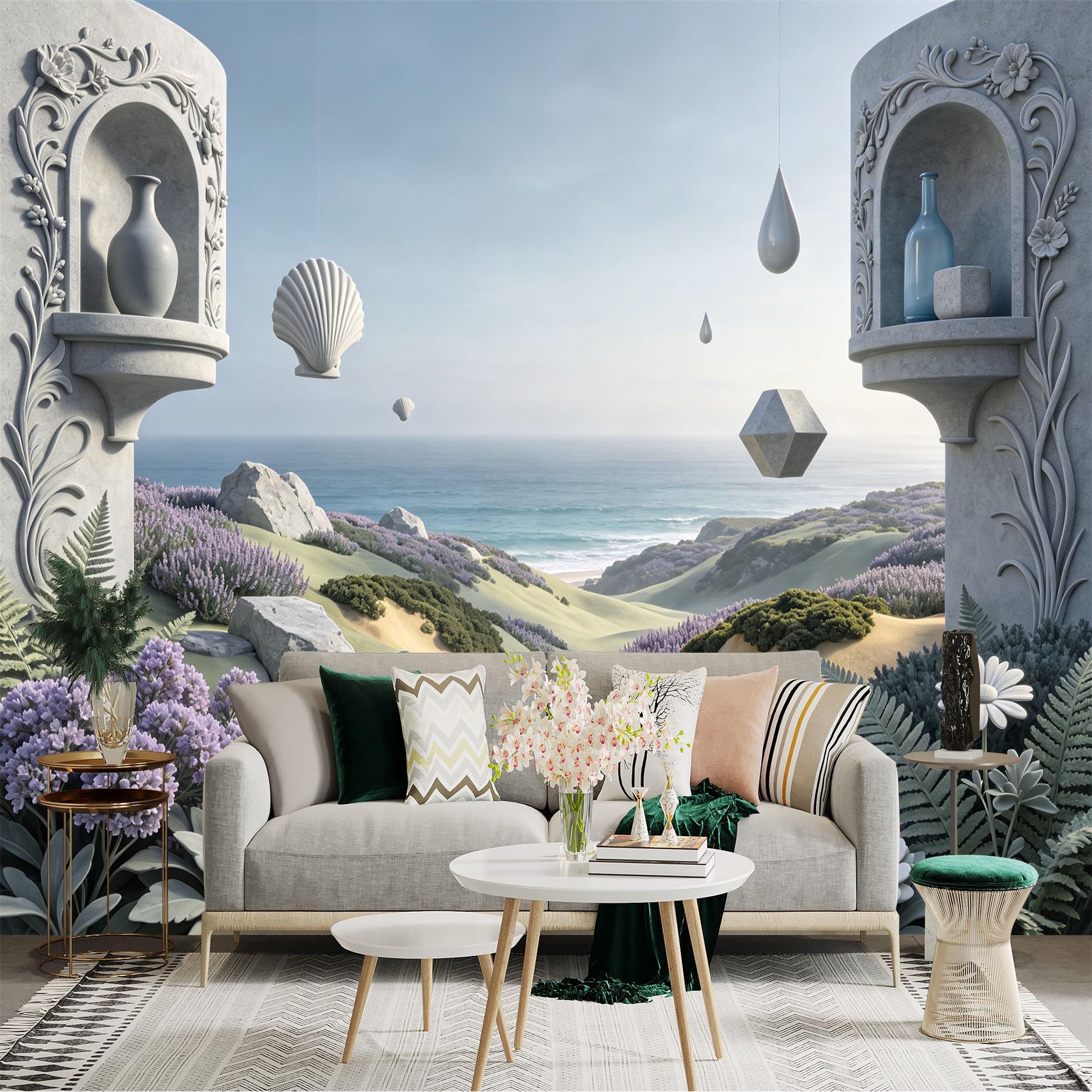 Lnzczhyre Bh260719809 Custom Size Wall Sticker Mural， Surreal Coastal Scenery， Stone Archway And Flowers， Floating Objects And Ocean View， For Wall Decoration， Peelandstick Wall Decals.