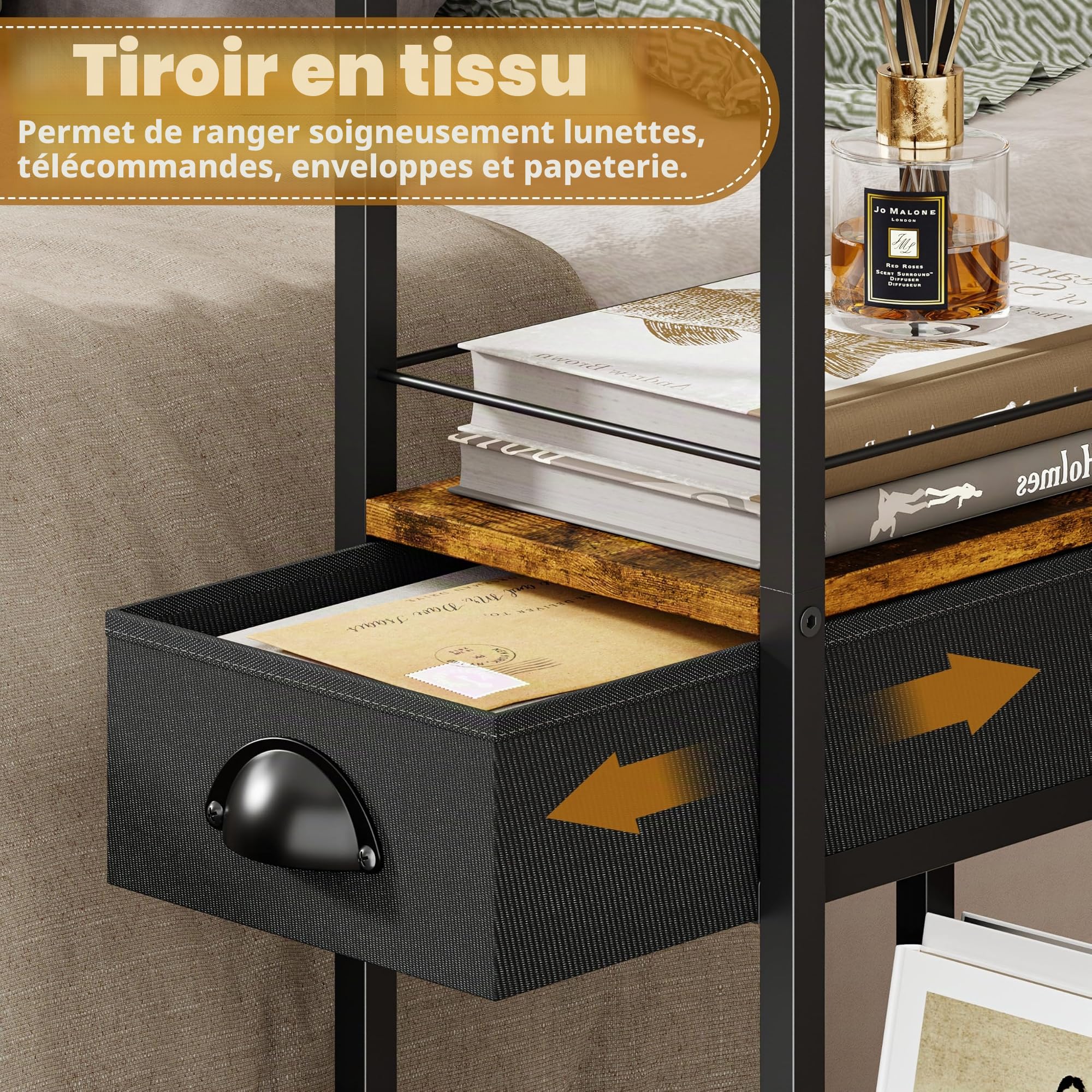 Sonyabecca Table d'appoint en C avec roulettes, Table de Chevet avec tiroir pour lit ou canapé, Table Basse avec Structure en métal, Table pour Salon, Chambre ou Bureau à Domicile