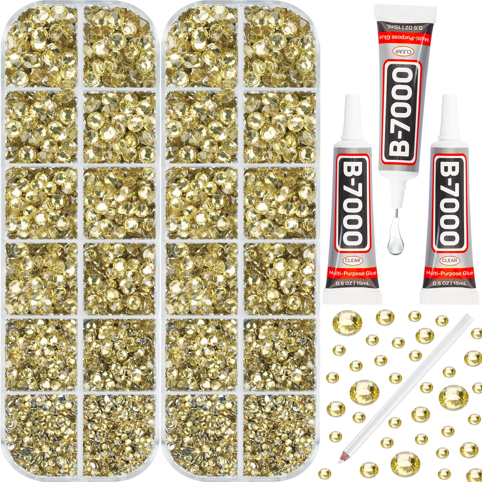 11000Pcs Light Citrine Rhinestones Flatback with b7000 Glue for Crafts Clothing Clothes Crafting Shoes Tumblers Tshirt, Rinestones Gems Flat Back Crystals Diamonds 2/3/4/5mm Assorted Mixed Sizes
