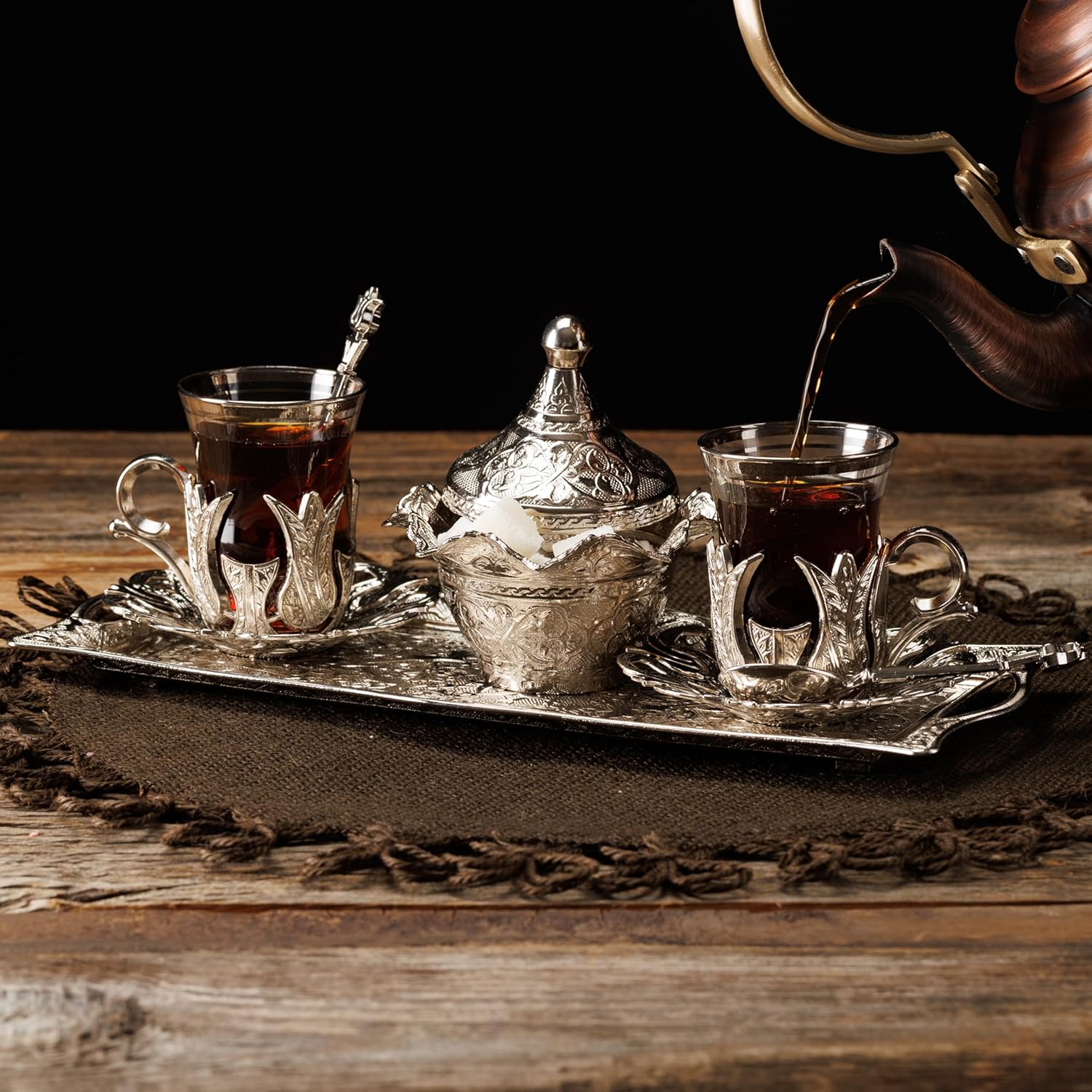 DEMMEX Turkish Tea and Coffee Serving Set for 2, 2 Glasses, Metal Glass Holders, Saucers, Spoons, Sugar Bowl with Lİd and Tray, Engraved, 3.3 fl Oz Capacity, 12x4 inches (Zamak Metal, Silver)