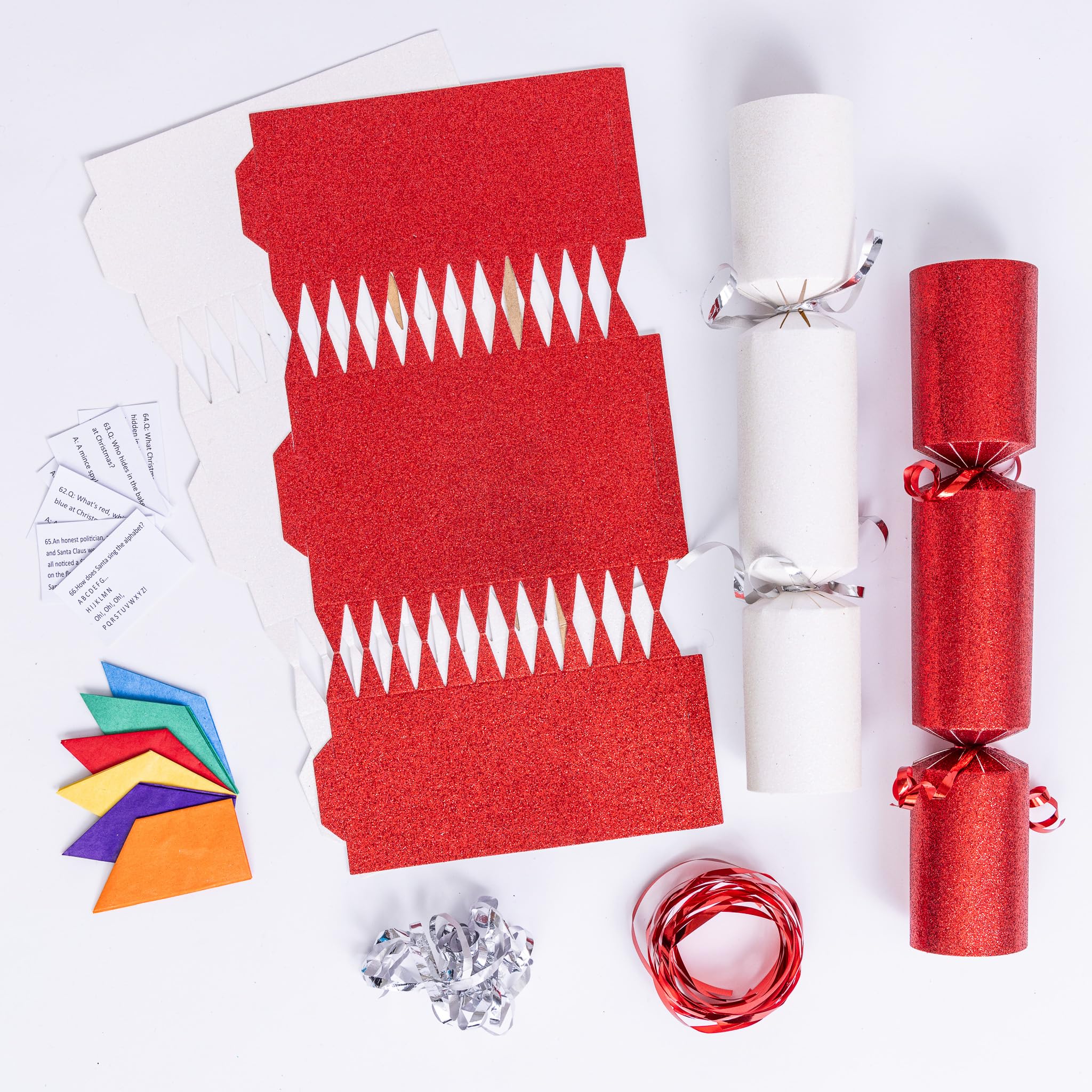 evelay 12 Make Your Own Christmas Cracker Kit DIY Red & White Glitter Crackers Hats Snaps Jokes (Red, White)