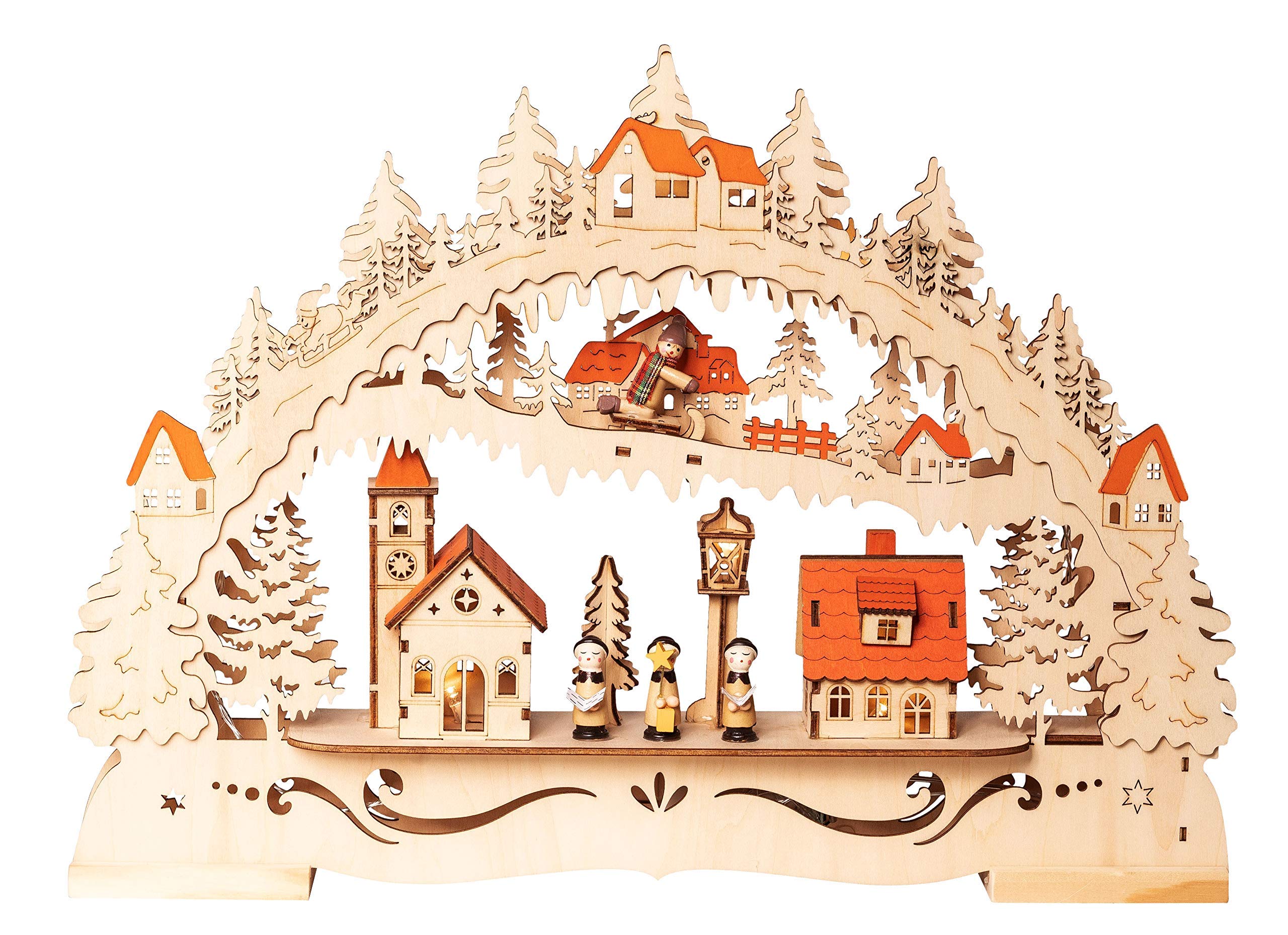 Wichtelstube-Kollektion Holzkunst LED Schwibbogen Kurrenden Schwippbogen Lichterbogen, Weihnachtsdeko Fensterbank Echtholz, Batteriebetrieben mit Timer, 44cm Breite
