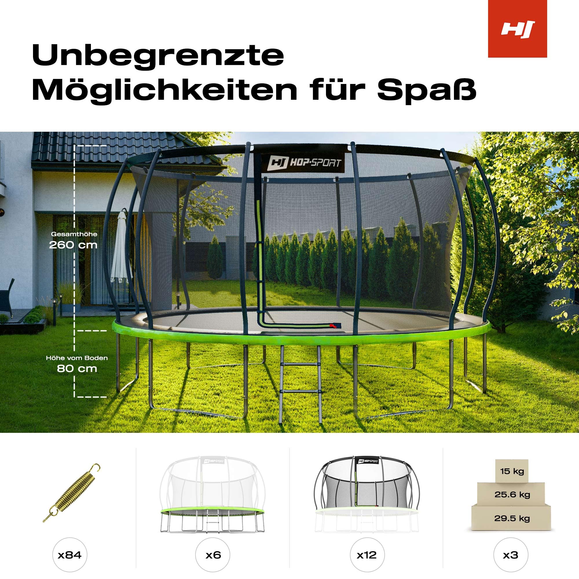 Hop-Sport Trampolin Outdoor - Ø 244/305/366/427/488 cm - Trampolin mit innenliegenden Sicherheitsnetz, gebogenen Netzstangen und Sicherheitszertifikaten - Komplettset mit Leiter Randabdeckung
