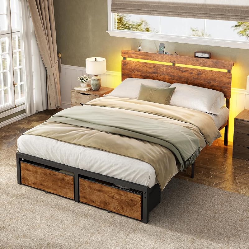 Forestell Full Size Bed Frame with Wood Headboard,2 Storage Drawers & Shelf image 4