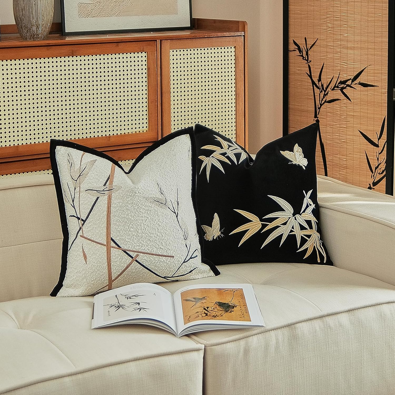 Croker Horse 18x18'' inches Chinoiserie Throw Pillow Cushion Cover - Leaf Tufted Jacquard Embroidery Style Couch Sofa Pillow Covers for Living Room Bedroom Decor