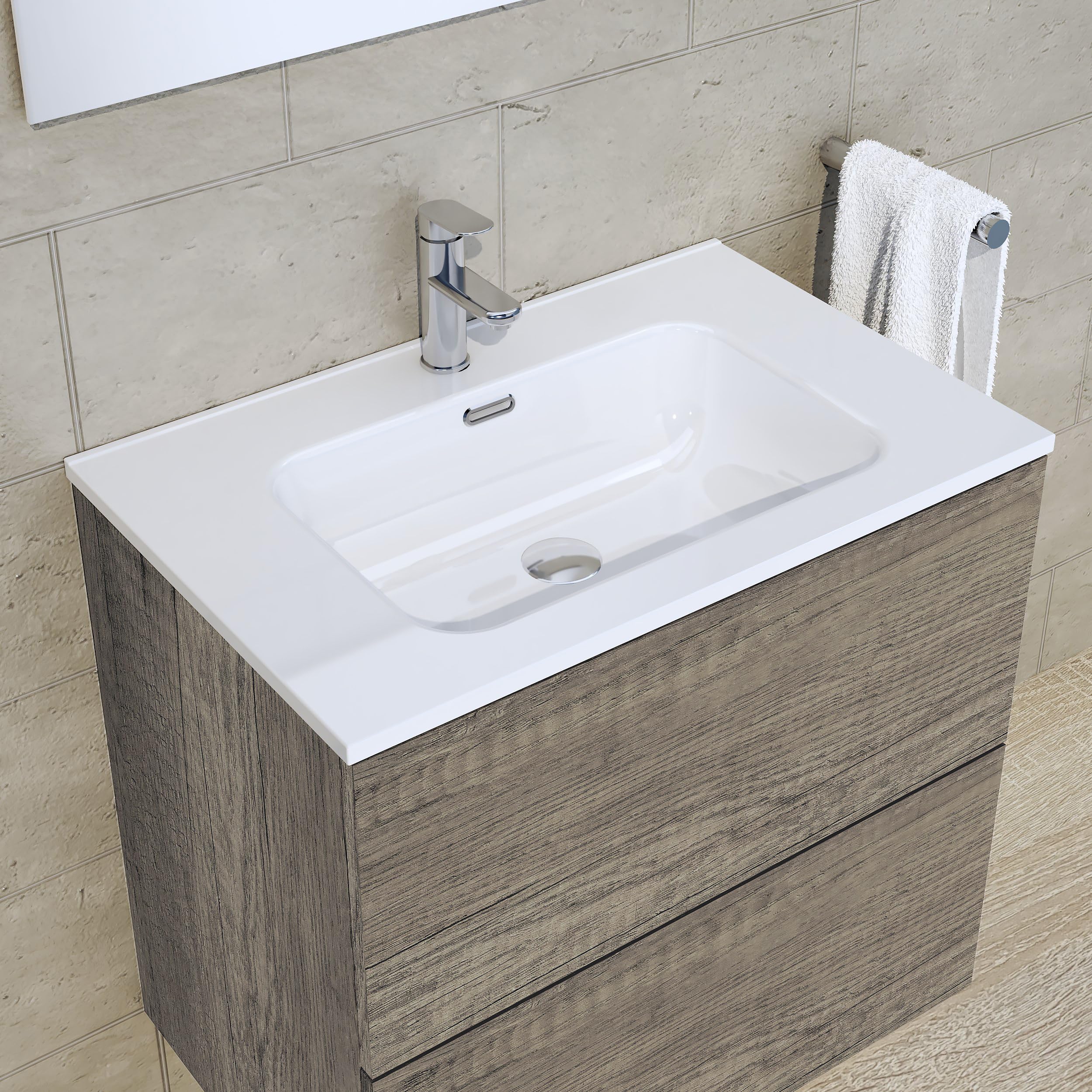BAIKAL Lavabo en céramique encastré. Plateau en céramique. Lavabo rectangulaire blanc brillant. Lavabo encastré facile à monter. Profondeur 39 cm/Largeur 71 cm