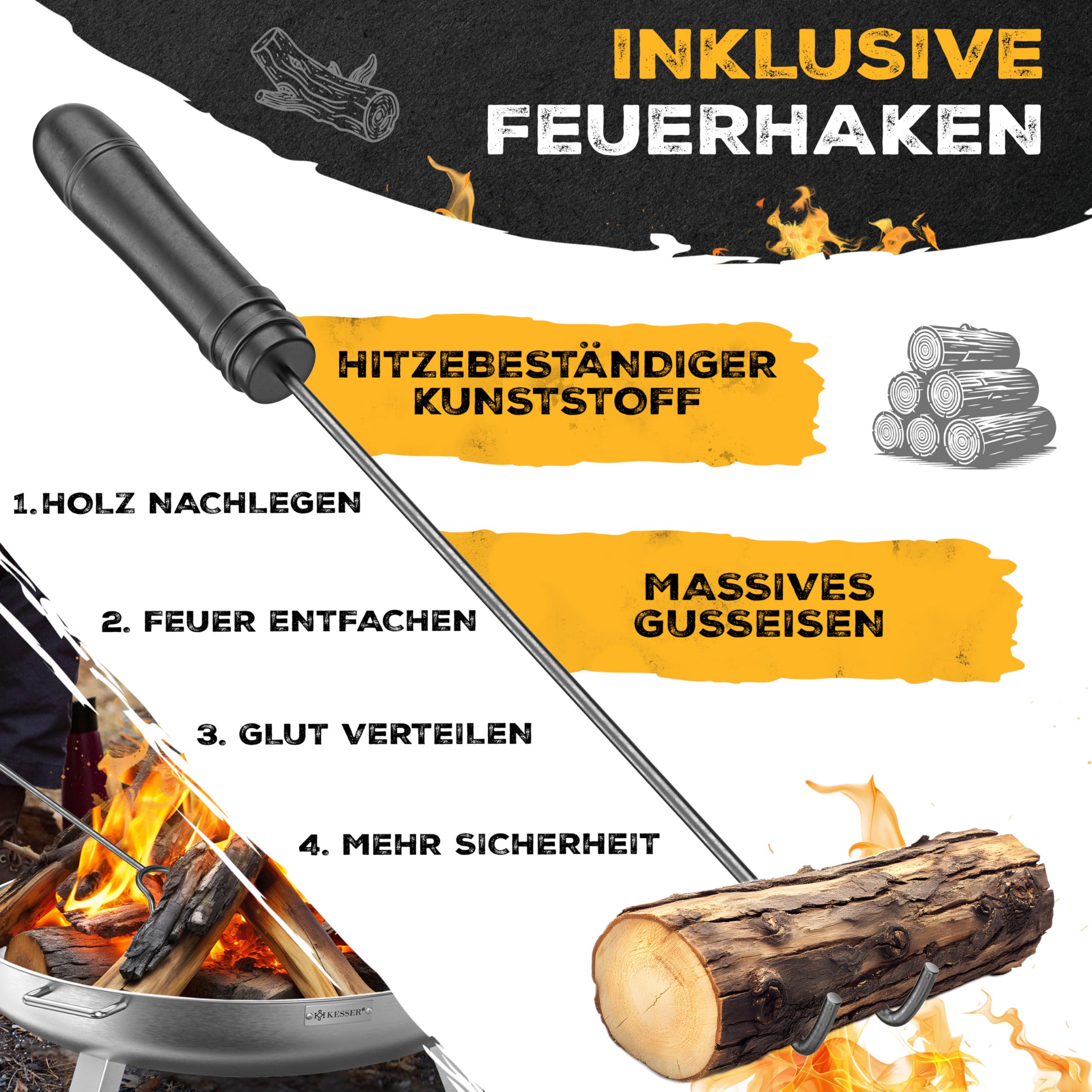 KESSER Feuerschale 2,5mm Stahldicke Ø80cm legierter Stahl Feuerkorb mit Feuerhaken Gusseisen für Garten Terrasse