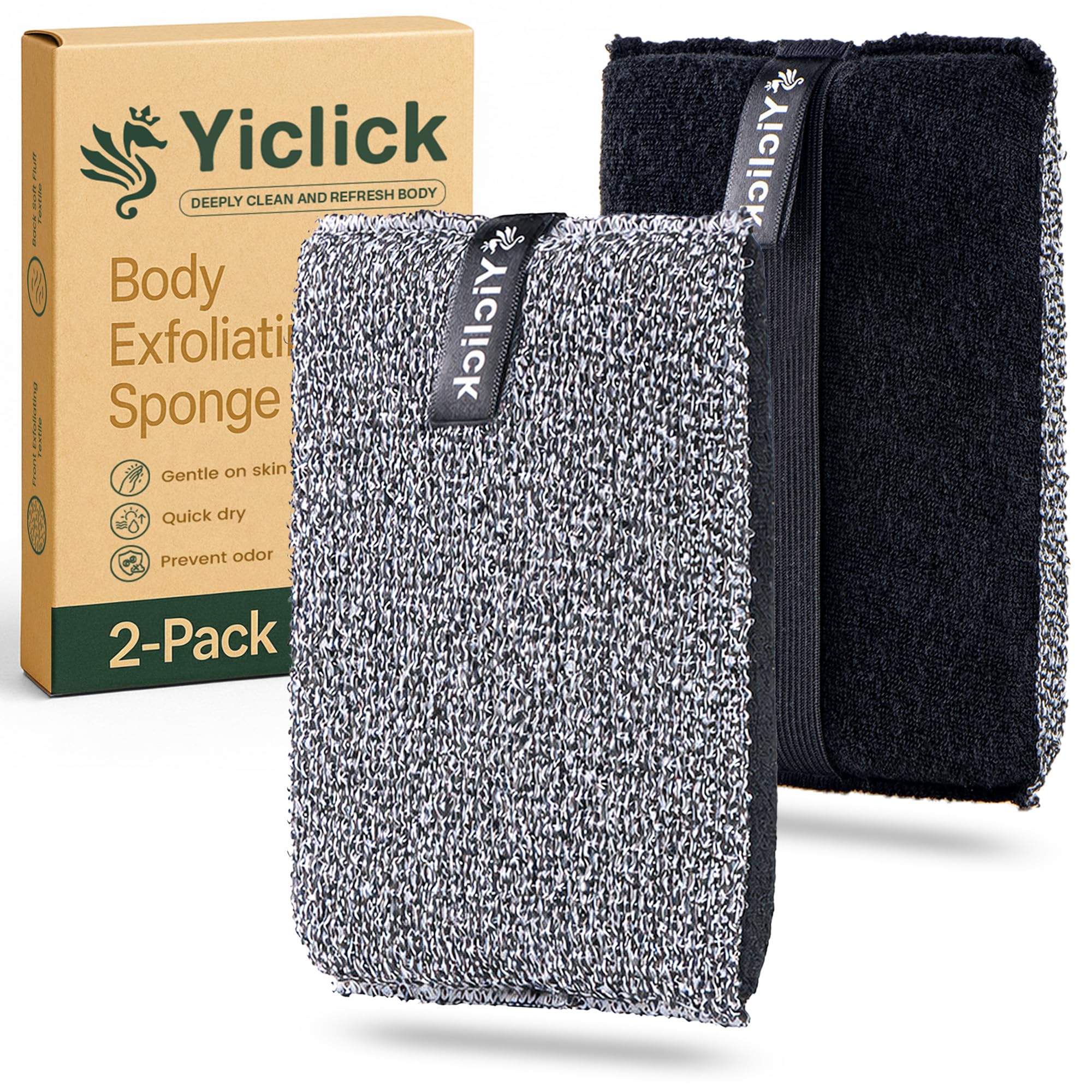Photo 1 of Yiclick Exfoliating Body Scrubber (2 Pack), Body Scrubber Exfoliator, Exfoliating Sponge for Shower Bath, Shower Loofah Luffa Lufa with Handle for Men Women, Dead Skin Exfoliator for Body Scrub
