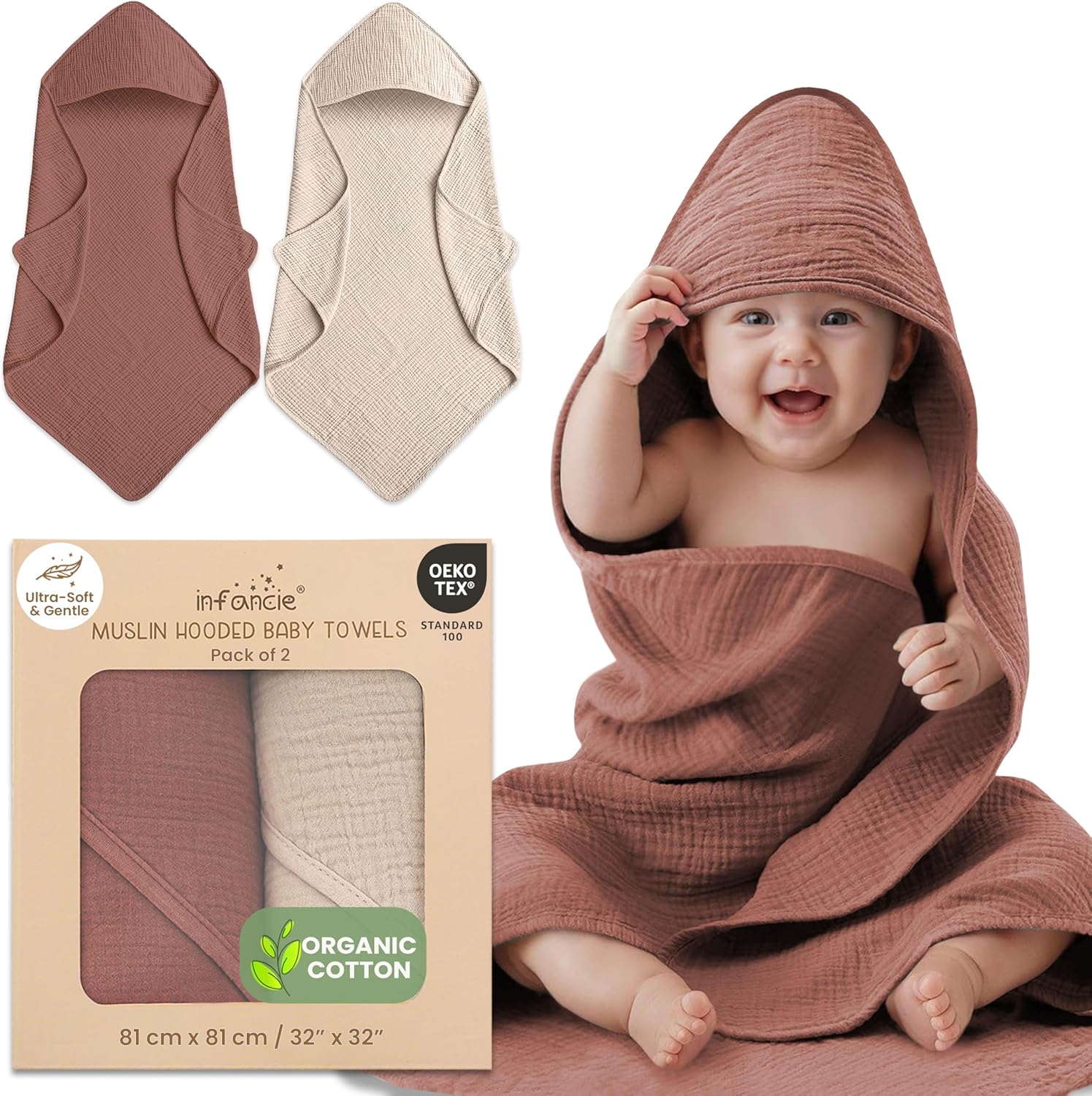 100% Organic Cotton Muslin Baby Hooded Towels 32×32 Inch – 2 Pack Soft & Absorbent Newborn Bath Towels for Boys & Girls, Premium Hooded Towels, Ultra-Gentle Baby Essentials in Rust/Ivory